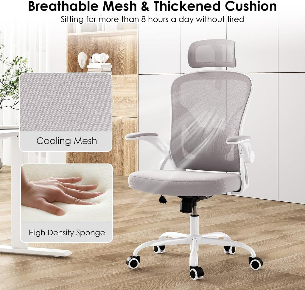 Farini Ergonomic Office Chair, Home Office Desk Chair with Headrest, High Back Swivel Computer Chair with Armrests and Adjustable Lumbar Support for Home Office Study Room, White & Gray