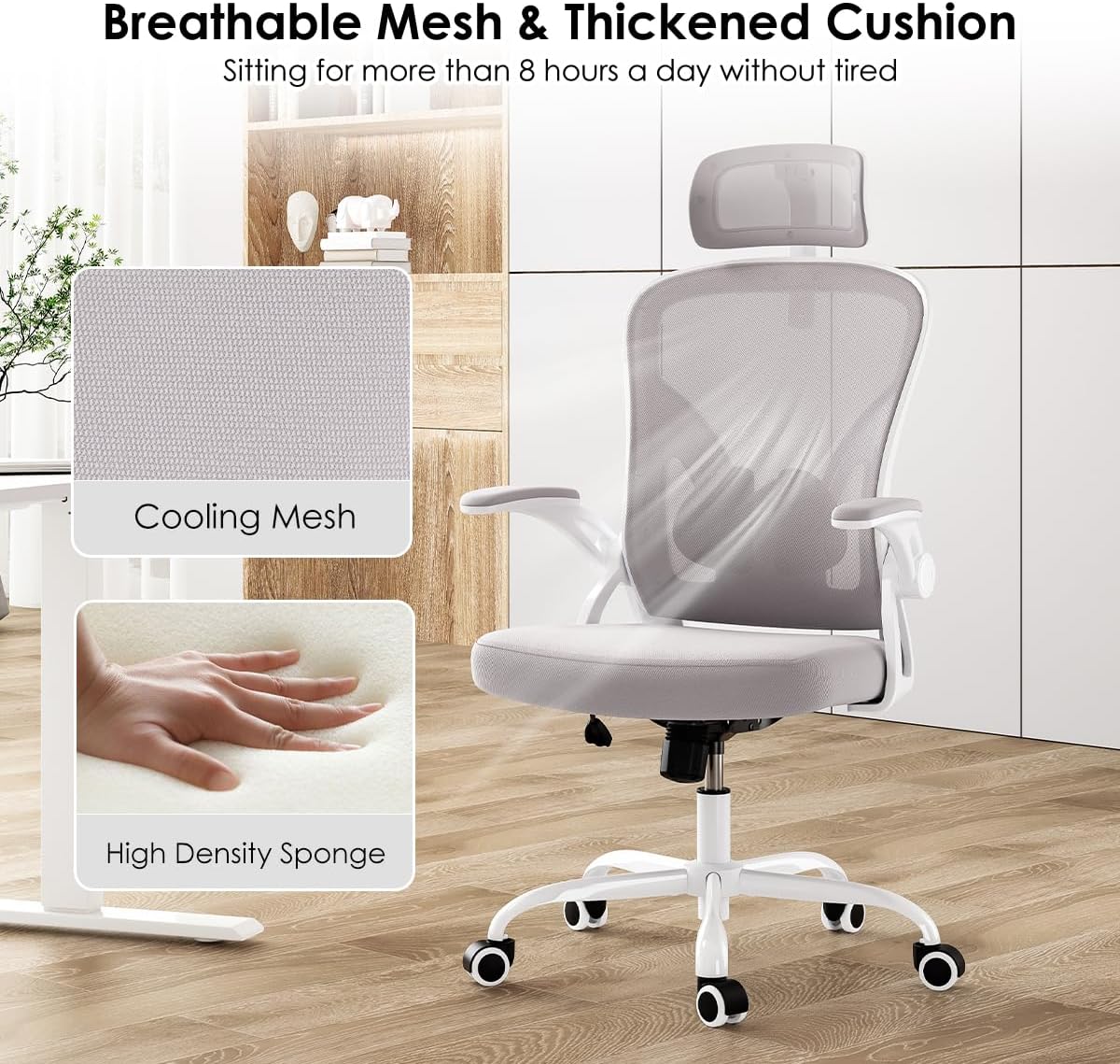 Farini Ergonomic Office Chair, Home Office Desk Chair with Headrest, High Back Swivel Computer Chair with Armrests and Adjustable Lumbar Support for Home Office Study Room, White & Gray