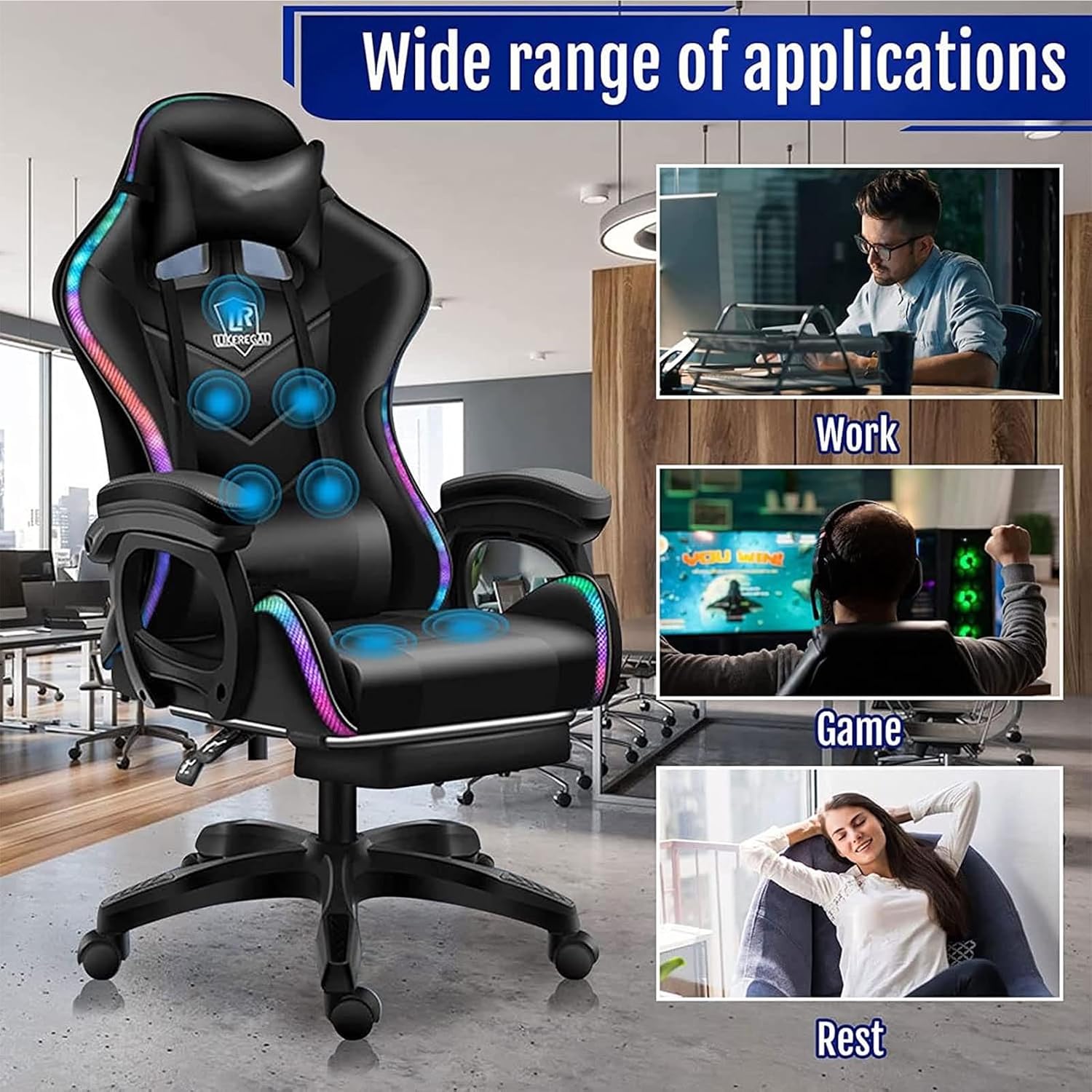 Gaming Chair with Bluetooth Speakers,Computer Chair Massage with LED Lights,Ergonomic Game Chair,Computer Stool with Footrest and Lumbar Support Height Adjustable with 360°-Swivel Seat (Black)