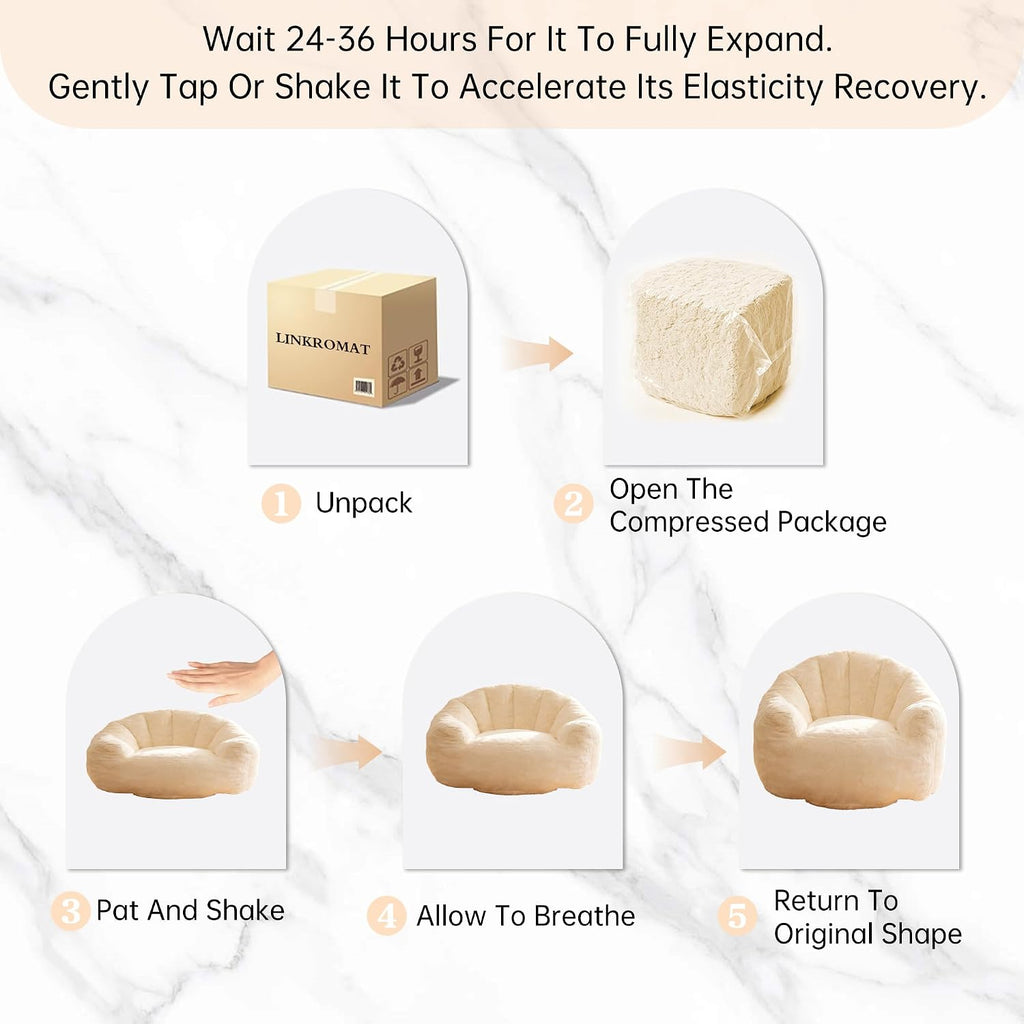 Bean Bag Chair, Giant Beanbag Chiars for Adults and Teens, Faux Fur Shell-Shaped Floor Sofa with Filler, Comfy Chair for Reading, Gaming and Relax (Beige)