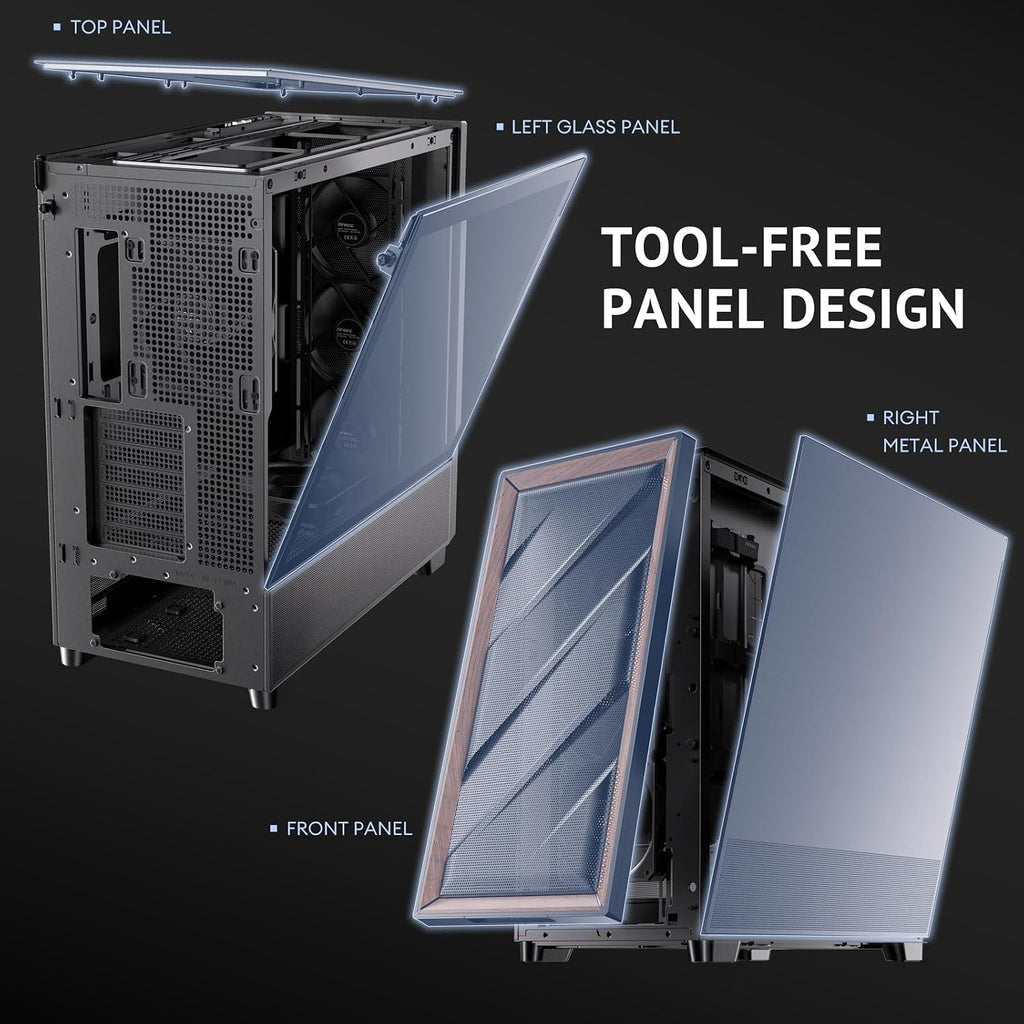 Antec Flux Wood, 5 x PWM Fans Included, High-Airflow Front Panel with Walnut Wood, Type-C, 420mm Radiator & Back Connect Motherboard Support, Up to 9 Fans Simultaneously, Mid-Tower E-ATX PC Case
