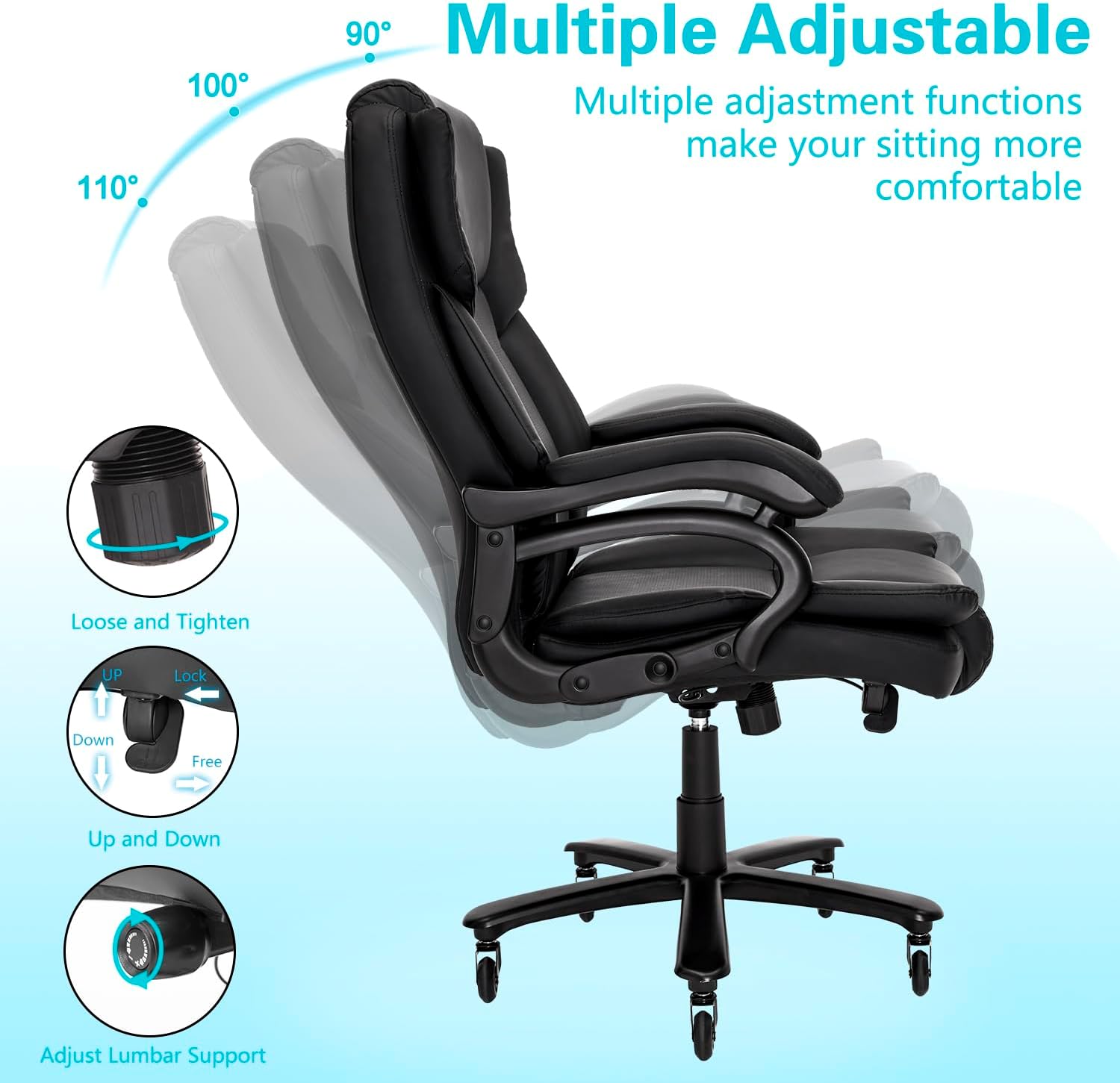 Indulgear 500lbs Big and Tall Office Chair, Heavy Duty Office Chair for Heavy People, High Back Executive Desk Chair with Adjustable Lumbar Support,Quiet Rubber Wheel,Pocket Spring Cushion