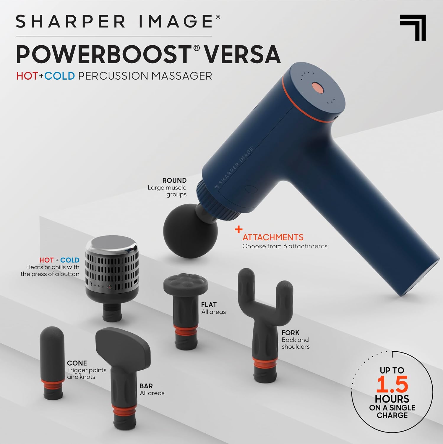 Sharper Image Deep Tissue Percussion Massage Gun, Powerboost Versa Hot & Cold Rechargeable Handheld Massager, 5 Adjustable Speeds, 6 Attachment Heads & Carrying Case, for Muscle Pain Relief, Blue