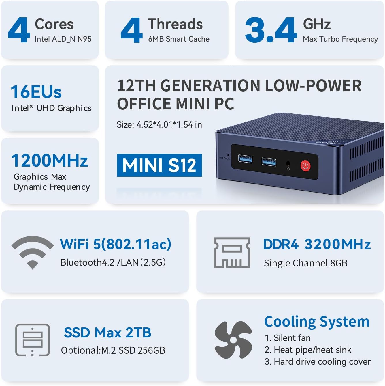 Beelink MINI S12 Mini PC with Processor N95 (4C/4T), 8G DDR4/256G SSD 4K UHD, Dual HDMI Ports, WiFi5, BT4.2 2.5G LAN Micro Computer Support Auto Power On, WOL