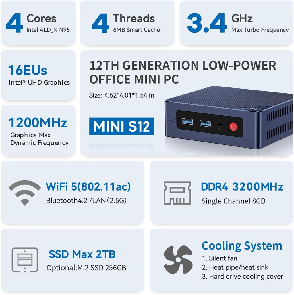 Beelink MINI S12 Mini PC, Intel N95 Processor (4C/4T, 3.4GHz), 16G DDR4 500G SSD, Small Mini Computer Support Dual Display 4K UHD via Dual HDMI, 2.5G LAN + WiFi5 + BT4.2, Auto Power On/WOL, W11 Home