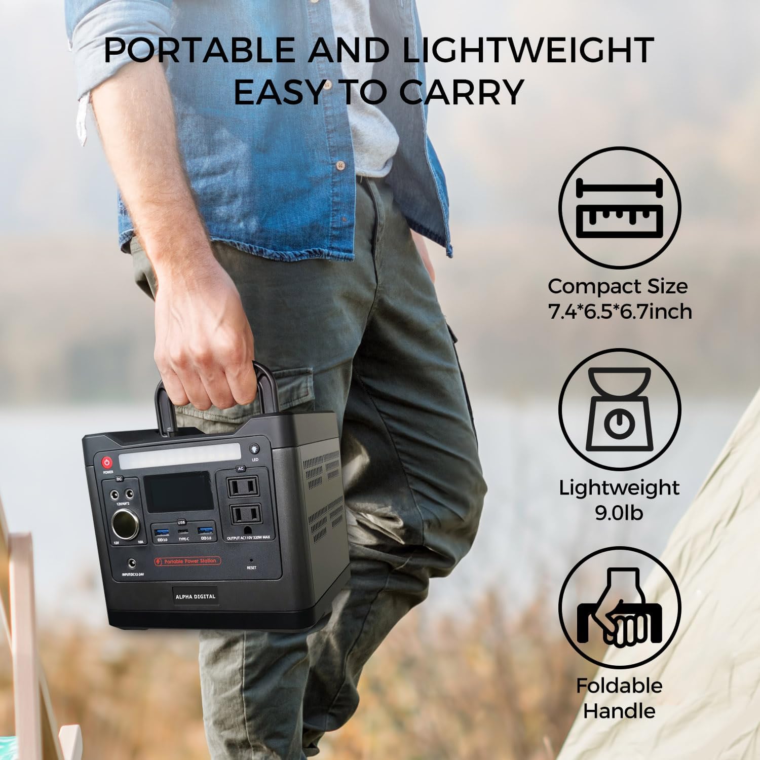 320W Outdoor Portable Power Station, 298Wh/93120mAh, LiFePO4 Lithium Battery. AC Outlet, DC Output, USB QC3.0 & Type-C, LED Flashlight. for Home, Travel, Camping