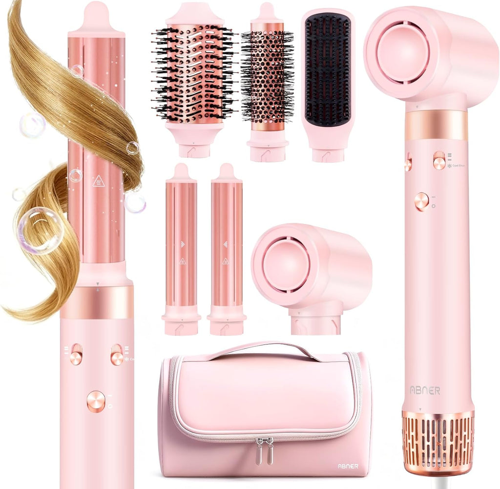 ABNER 6 in 1 Professional Hot Air Styler Auto Curler - Powerful Hair Dryer Brush & Straightener Set, Fast Drying Curling Volumizing Straightening, Styling Without Heat Damage, for All Hair Lengths