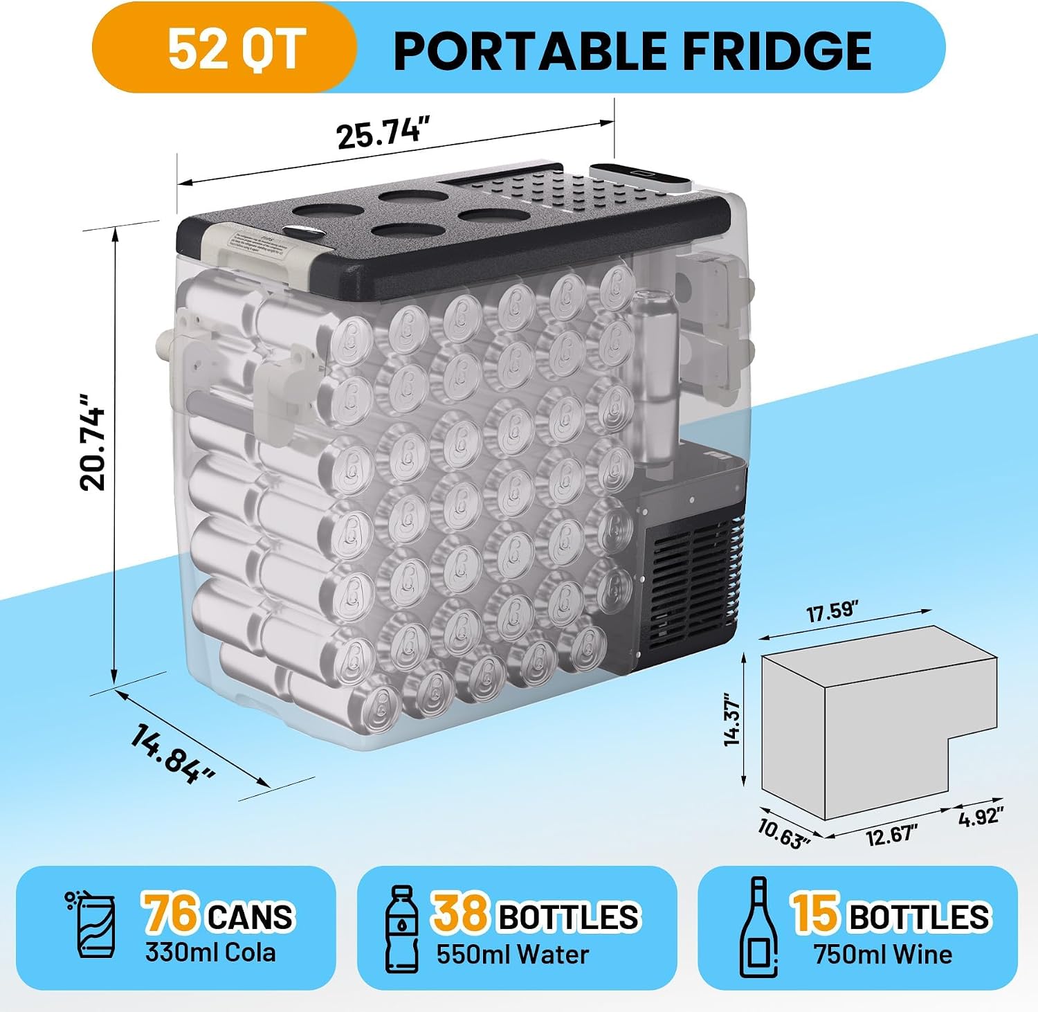 12 Volt Refrigerator 12V Car Fridge 52QT(50L) Portable Freezer Compressor Cooler 12/24V DC 110~240 Volt AC for Truck Van RV Camper SUV Travel Camping Road Trips Tailgating -8℉~50℉