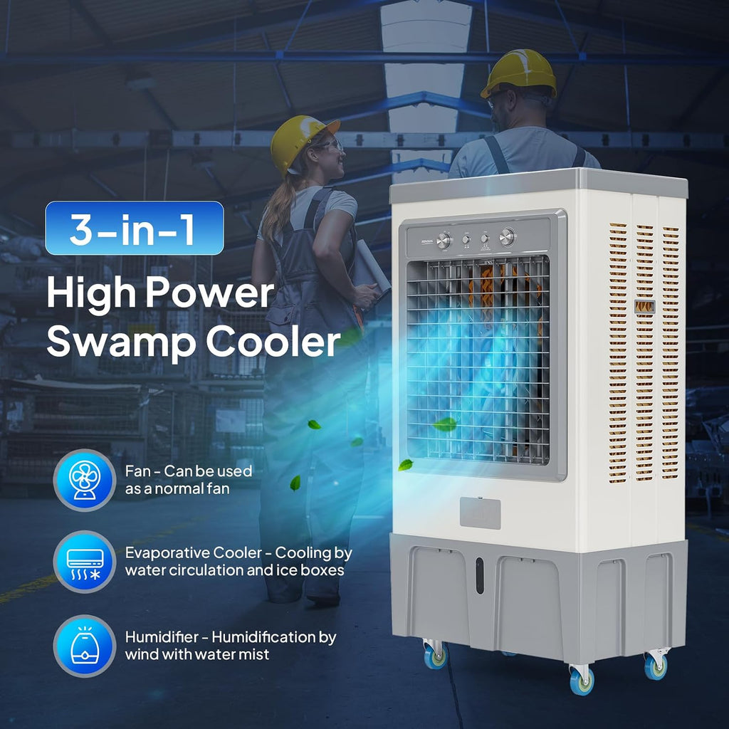 ROVSUN 9000CFM Commercial Portable Air Cooler, 34.3Gal/130L Evaporative Swamp Cooler, 3-IN-1 Cooling Fan with 3 Speeds, 4 Ice Packs, Humidifying Oscillating Fan for Shop, Factory, Garage
