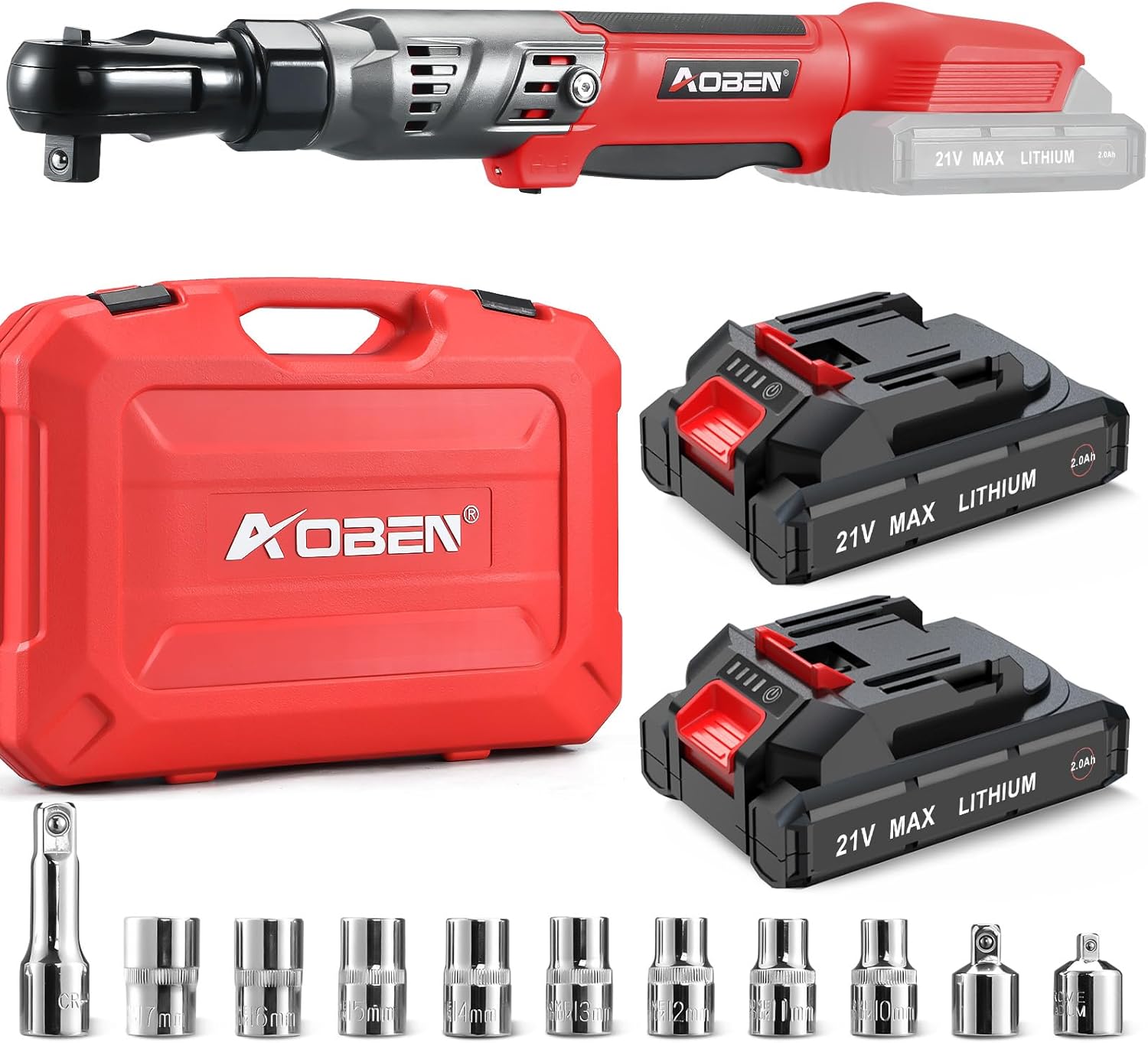 AOBEN 21V 1/2' Cordless Ratchet Wrench Kit-74 Ft-lbs Brushless Electric Power Ratchet with Variable Speed, 2X2000mAh Lithium-Ion Battery, Charger, 8 Sockets, 1/4' & 3/8' Adaptors, 3' Extension Bar