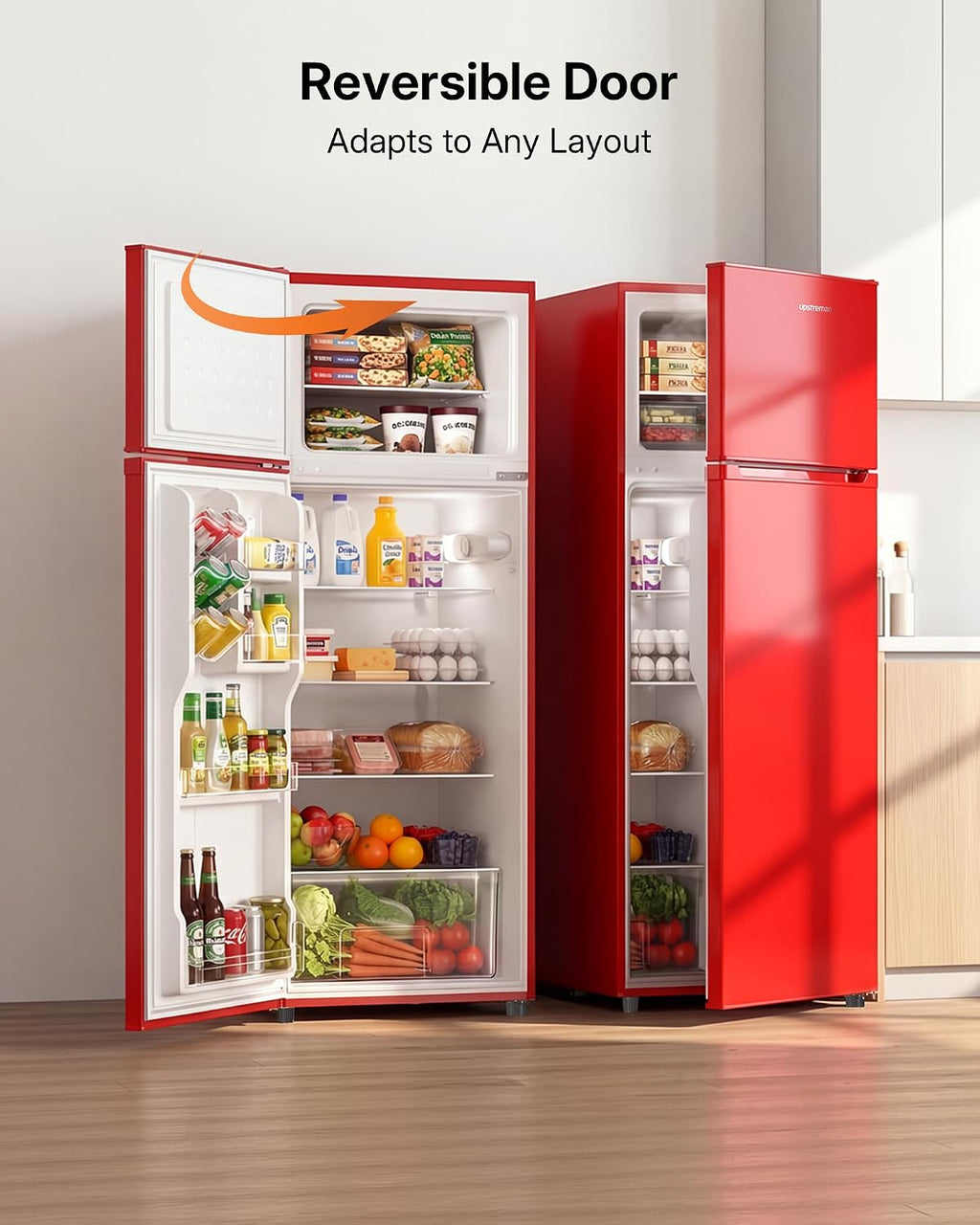 Upstreman 7.7 Cu Ft Refrigerator with Freezer, Double Door Fridge with Adjustable Thermostat Reversible Door, Large Capacity Refrigerator for Apartment, Dorm, Office, Kitchen, Red (BD-75)
