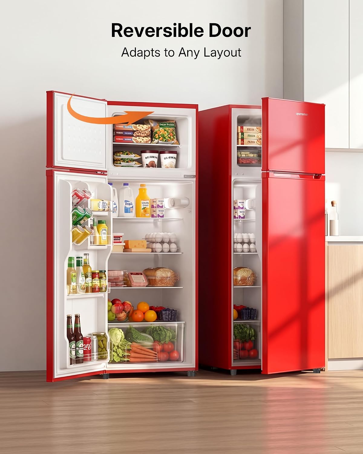 Upstreman 7.7 Cu Ft Refrigerator with Freezer, Double Door Fridge with Adjustable Thermostat Reversible Door, Large Capacity Refrigerator for Apartment, Dorm, Office, Kitchen, Red (BD-75)