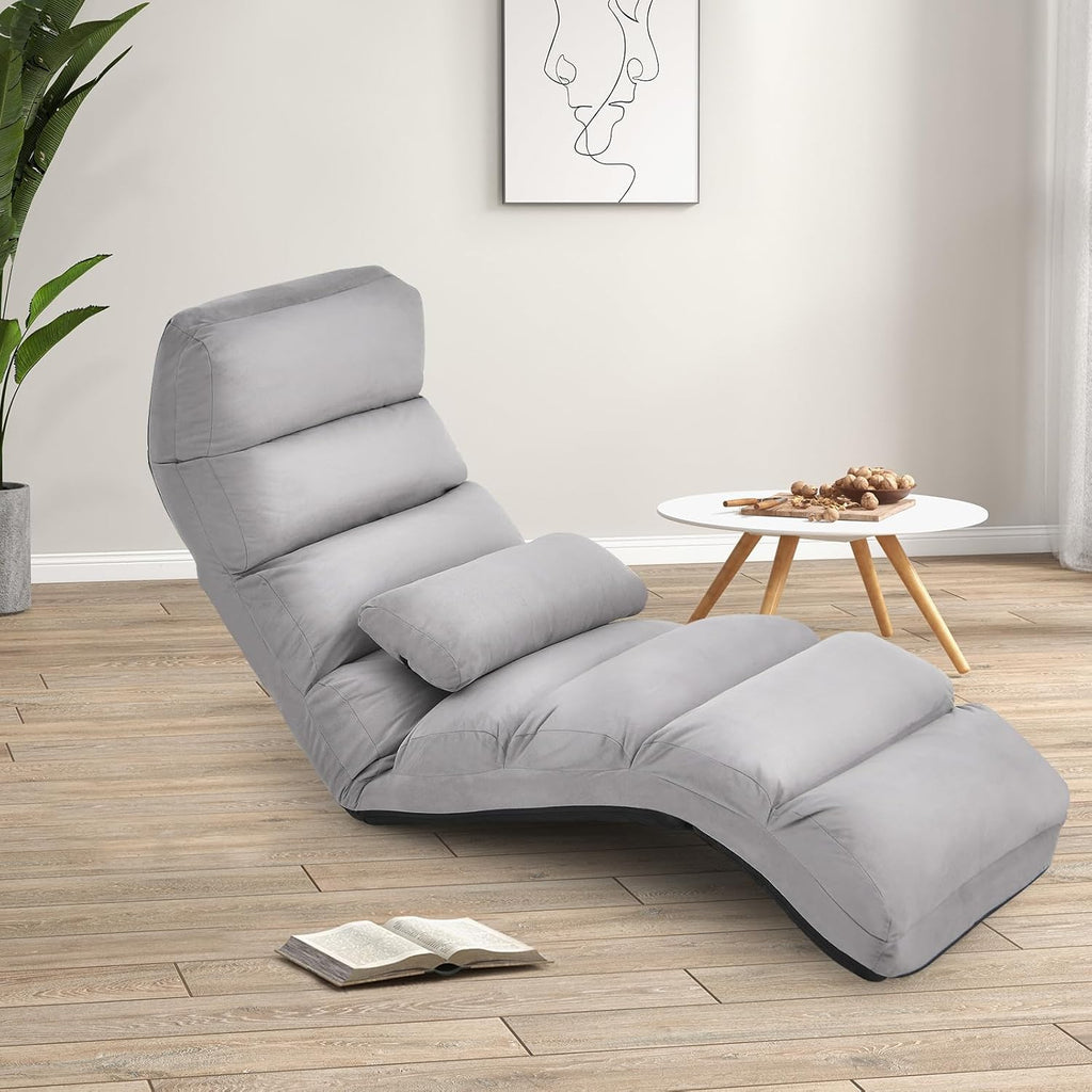 KOMFOTT Foldable Floor Lazy Sofa with Pillow, Indoor Chaise Lounger with 5 Adjustable Positions, Adjustable Back Support & Footrest, Video Gaming Chair for Home, Office, Reading, Watching (Grey)