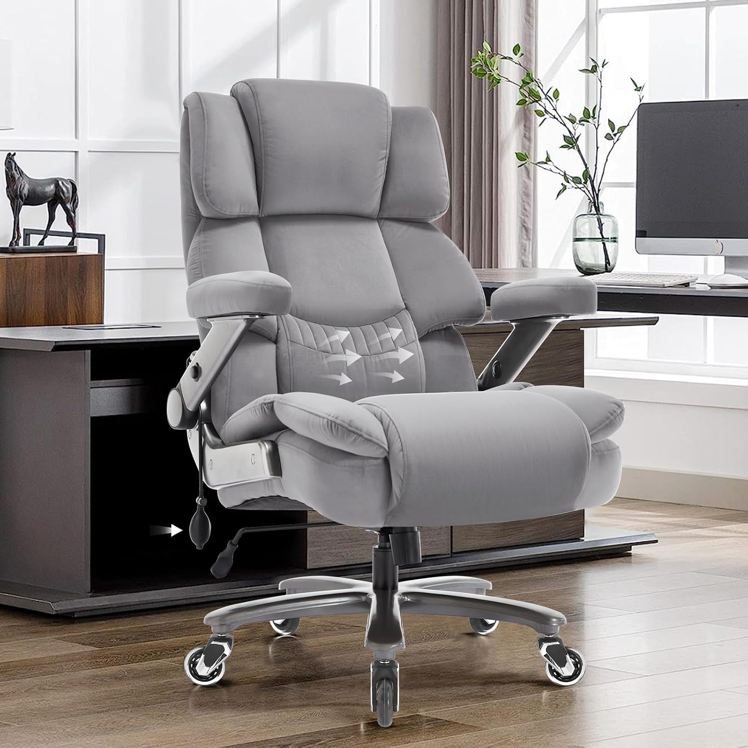 VUZI 700LBS Large Heavy Duty Office Chair with 3D Flip Arms, Big and Tall Plus Size Fabric Executive Desk Chairs, High Back Extra Wide Computer Chair with Adjustable Lumbar Support, Sturdy Metal Base