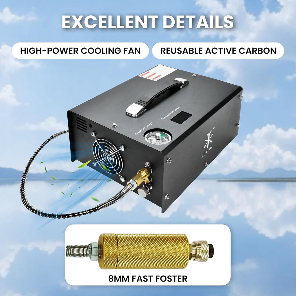 TUXING Portable PCP Air Compressor, 4500Psi/30Mpa, Auto Stop,Built-in Converter Powered by Car 12V DC or Home 110V AC,Paintball Tank Compressor with Extra Moisture-Oil Separator
