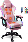 Massage Gaming Chair with Speakers and LED Light, Ergonomic Computer Gaming Chair with Footrest and Adjustable Lumbar Support, PU Leather, 90°-135°, Racing Video Gaming Chair.,Pink