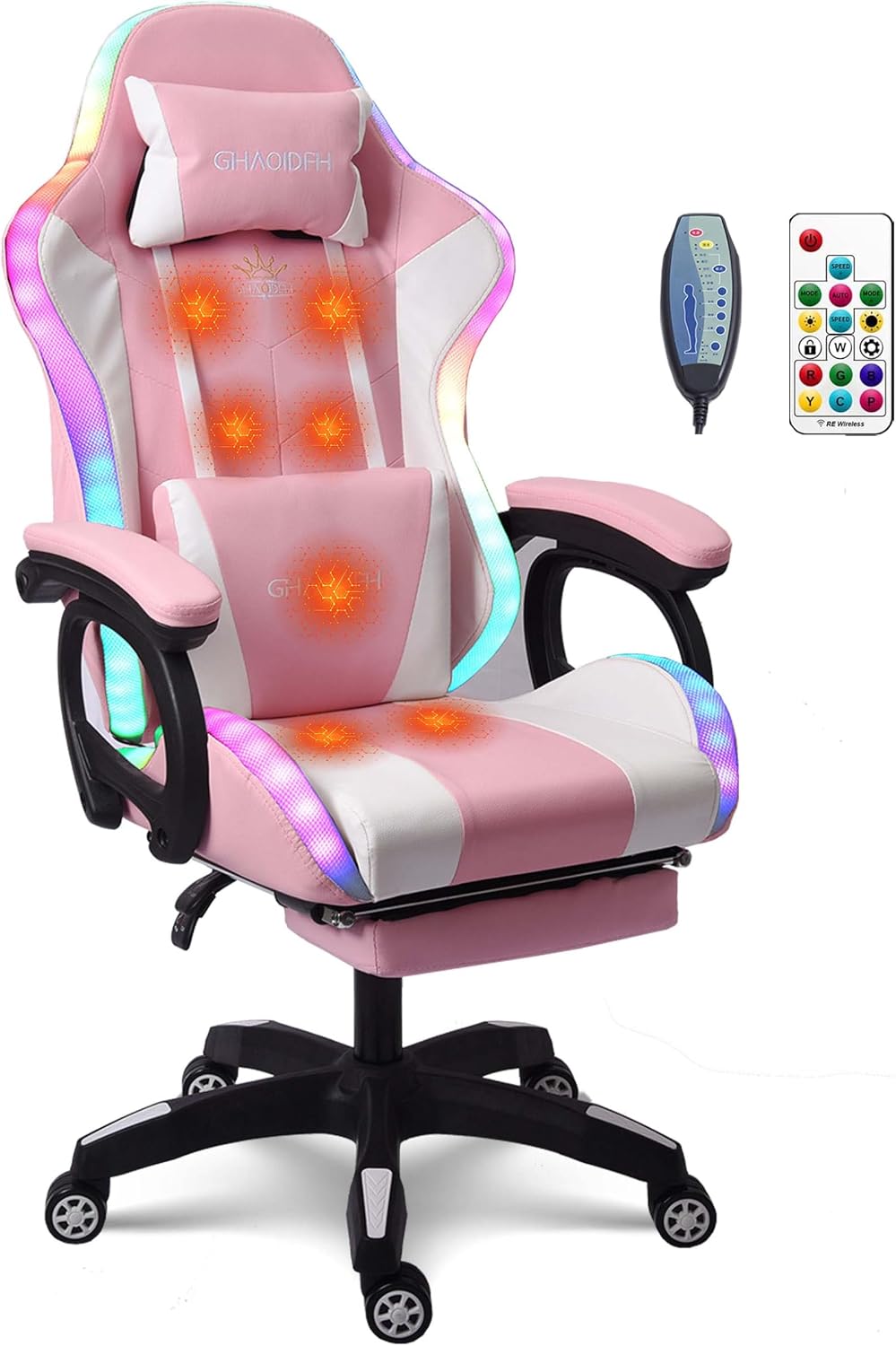 Massage Gaming Chair with Speakers and LED Light, Ergonomic Computer Gaming Chair with Footrest and Adjustable Lumbar Support, PU Leather, 90°-135°, Racing Video Gaming Chair.,Pink
