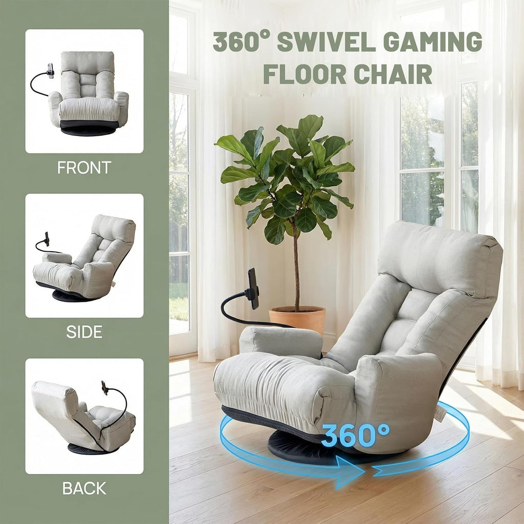 360° Swivel Floor Gaming Chair Linen Folding Chaise Lounge Chair Adjustable Cozy Sofa Chair with Armrests, Phone Holder & Padded Cushion, Ideal for Living Room, Bedroom (Grey)