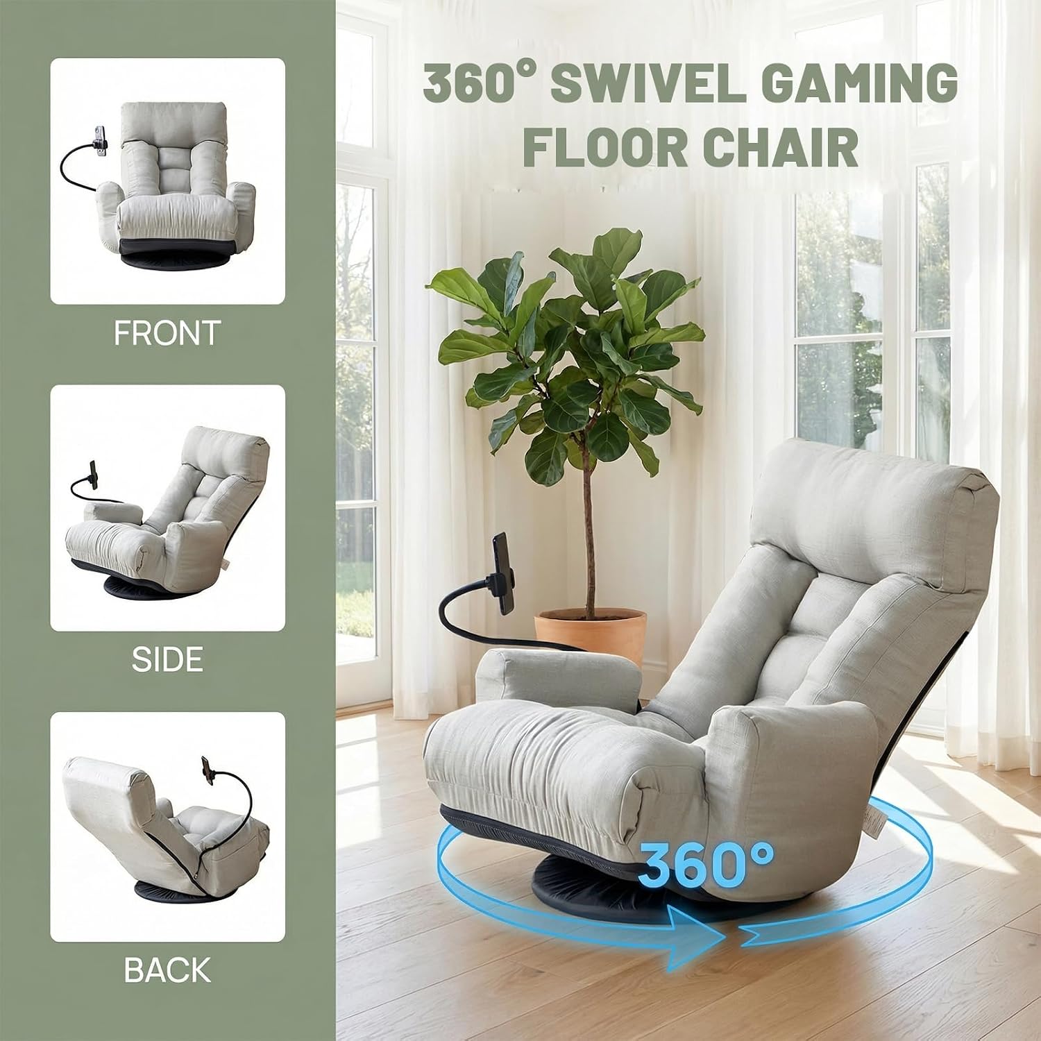 360° Swivel Floor Gaming Chair Linen Folding Chaise Lounge Chair Adjustable Cozy Sofa Chair with Armrests, Phone Holder & Padded Cushion, Ideal for Living Room, Bedroom (Grey)