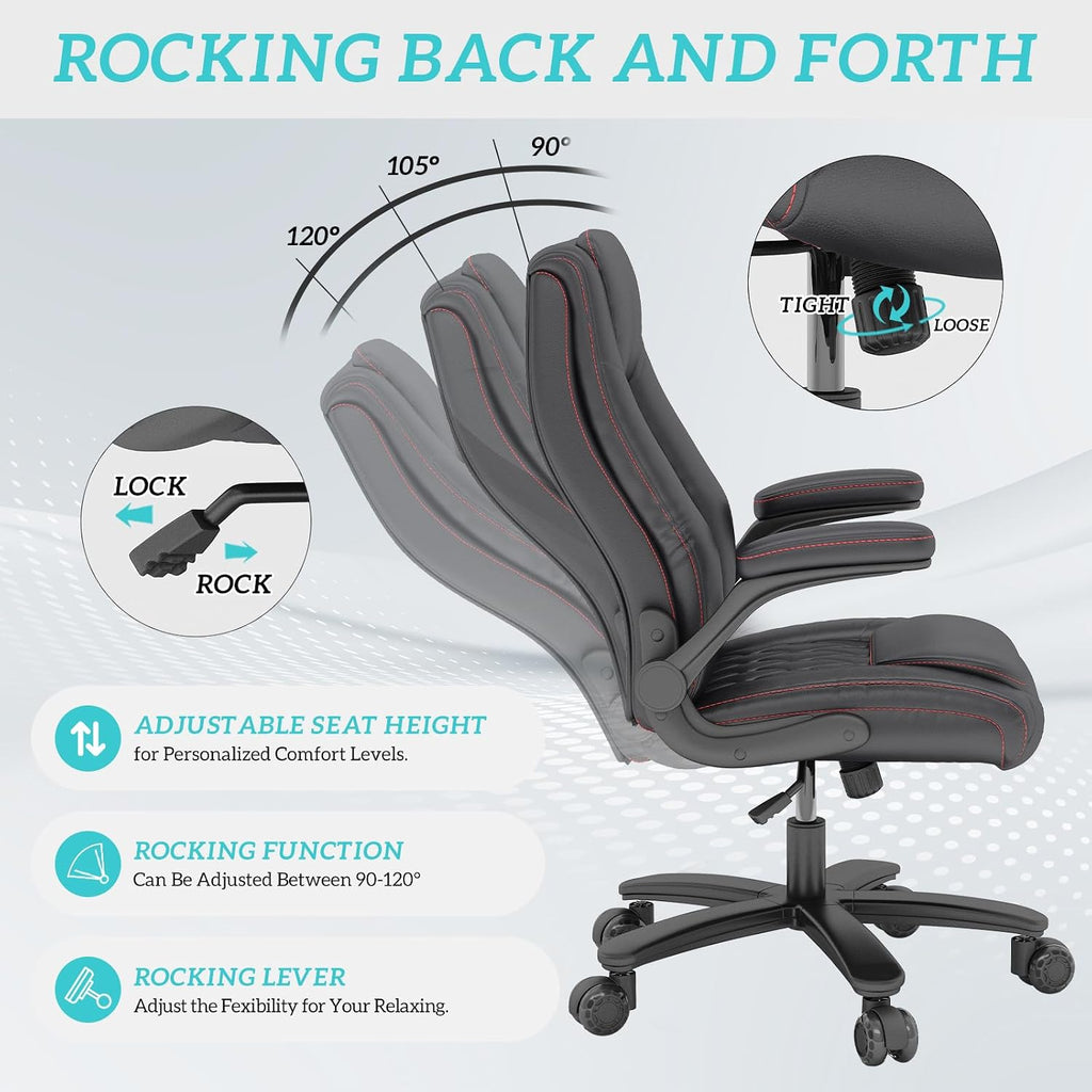 GYI High Back Executive Office Chair, Big and Tall Office Desk Chair 400LBS with Lumbar Support, Flip-up Armrests, Rubber Wheels, Black
