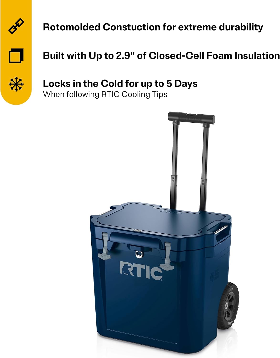 RTIC 45 QT Wheeled Ultra-Tough Cooler Hard Insulated Portable Ice Chest Box for Beach, Drink, Beverage, Camping, Picnic, Fishing, Boat, Barbecue, Rotomolded Construction