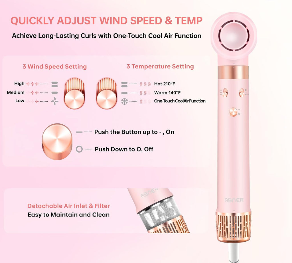 ABNER 6 in 1 Professional Hot Air Styler Auto Curler - Powerful Hair Dryer Brush & Straightener Set, Fast Drying Curling Volumizing Straightening, Styling Without Heat Damage, for All Hair Lengths
