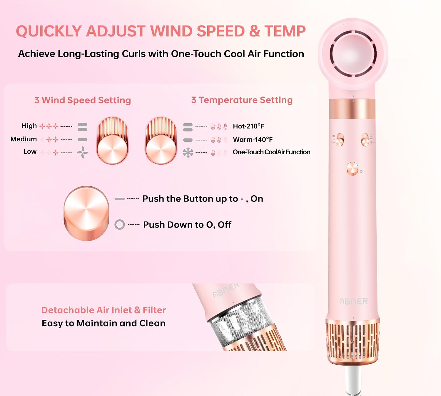 ABNER 6 in 1 Professional Hot Air Styler Auto Curler - Powerful Hair Dryer Brush & Straightener Set, Fast Drying Curling Volumizing Straightening, Styling Without Heat Damage, for All Hair Lengths