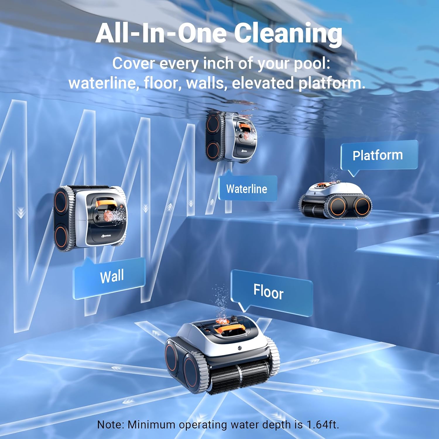Pool Vacuum for Inground Pools, 4-in-1 Cordless Robotic Pool Cleaner for Above Ground Pools,Triple-Motors,Wall & Waterline Cleaning, App Support, OTA Upgrade up to 1,614 Sq.ft (White Orange)
