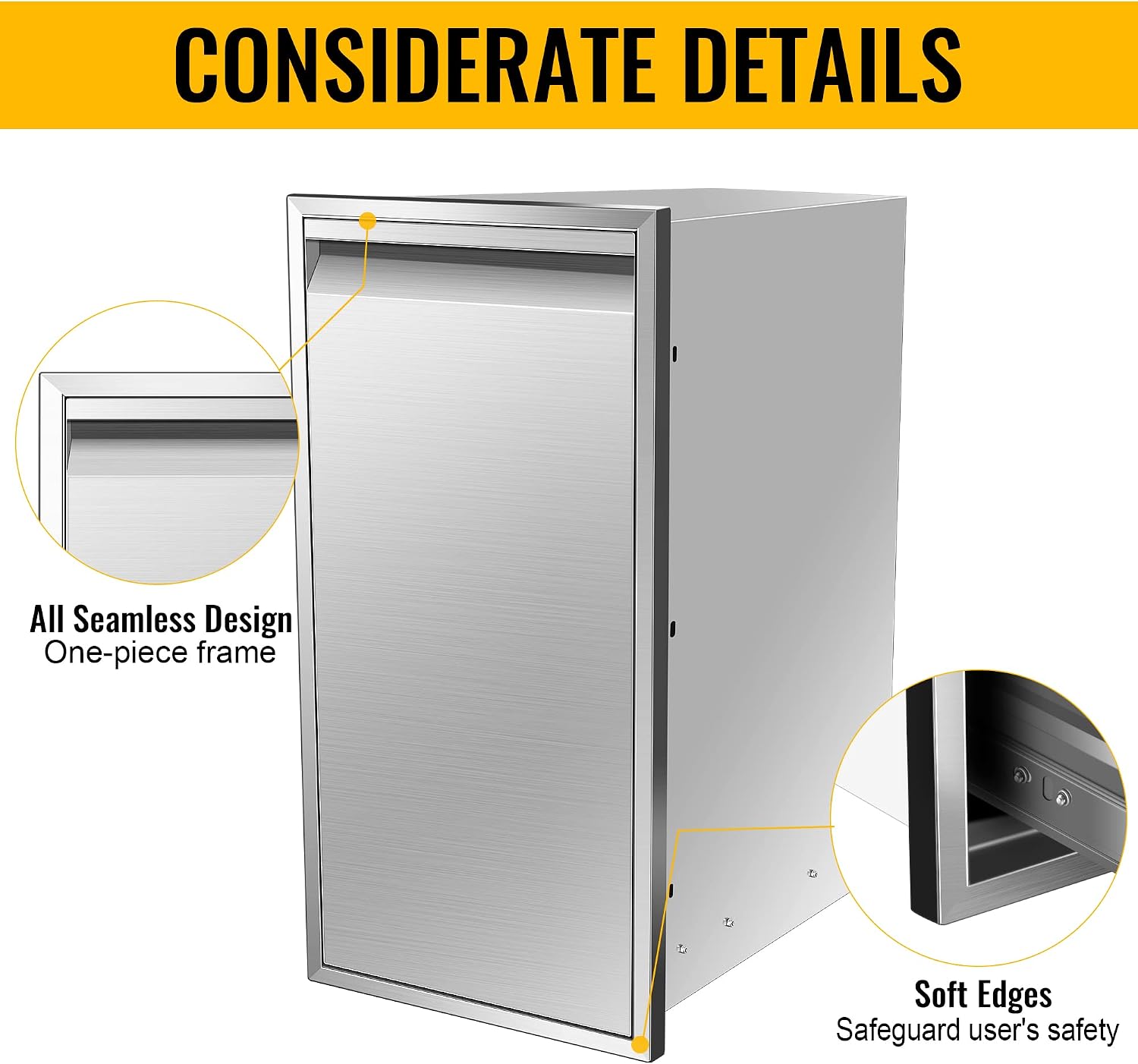 Built-in Single Trash Drawer 14' W x 27' H x 20' D, Pull-Out Tray Outdoor Kitchen Stainless Steel Trash Drawer Storage One Trash Bin for BBQ Island Grill Station