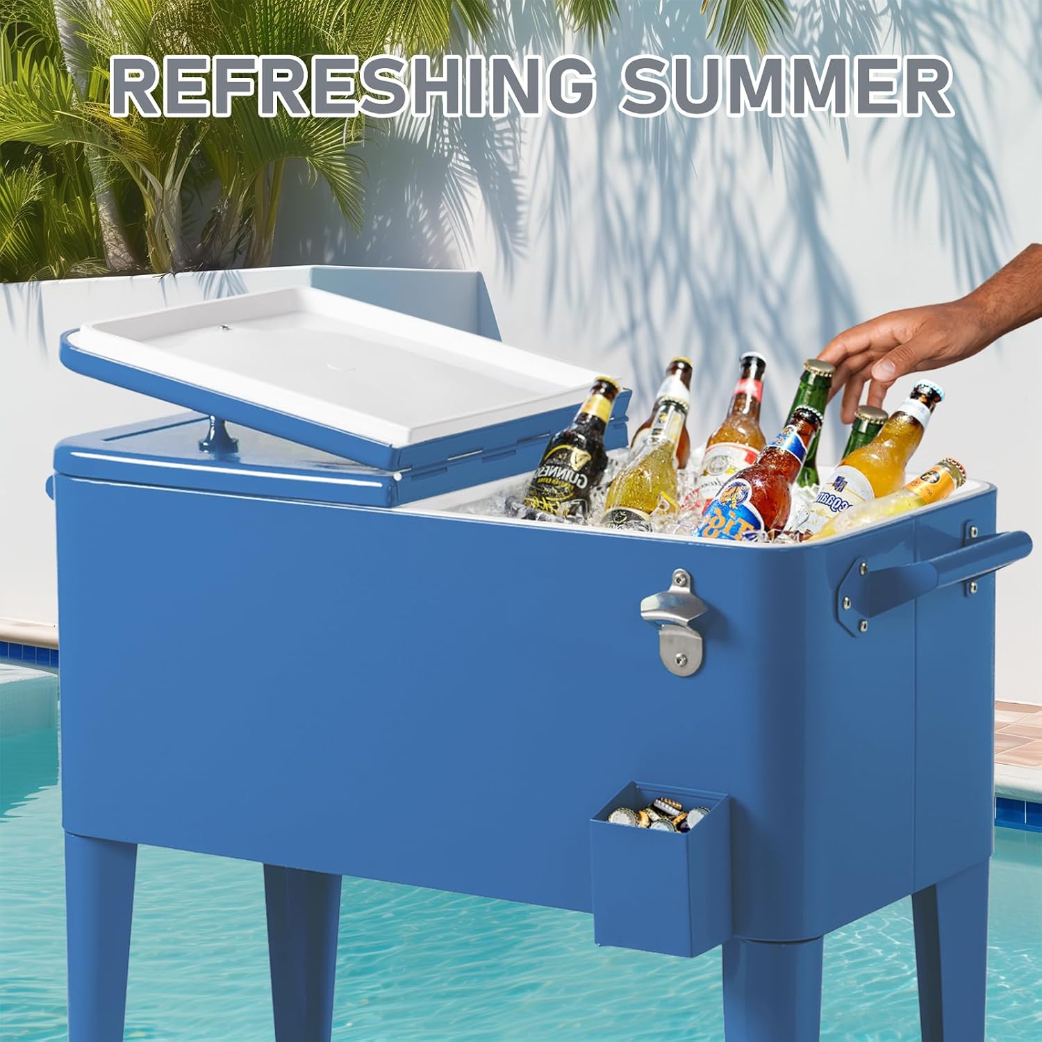 Outvita 80 Quart Rolling Ice Chest, Portable Bar Drink Cooler with Catch Basin, Bottom Storage Tray and Bottle Opener for Patio Party BBQ Beach Activities