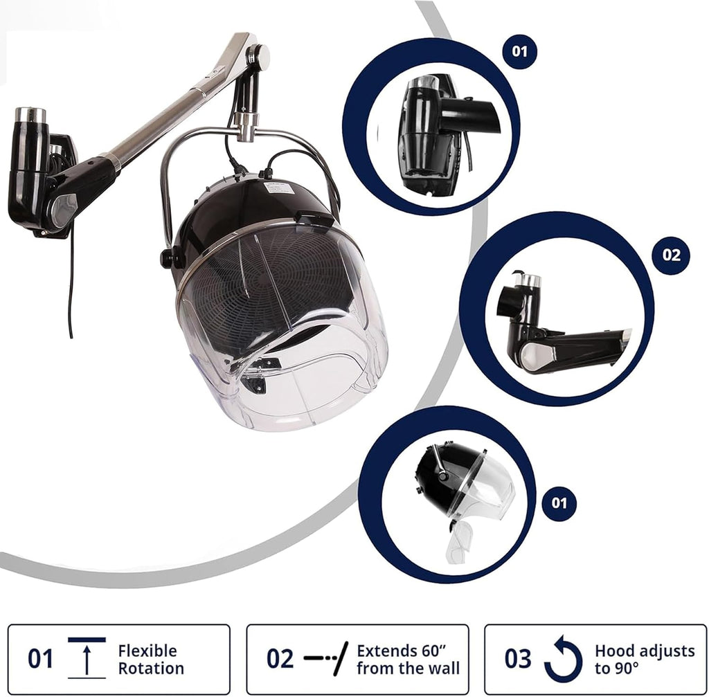 Samger Retractable 900W Wall Mounted Hair Hood Dryer Professional Hair Dryer with Flexible Swivel Arm Built-in 60min Timer Adjustable Temperature 70℃ Beauty Barber Spa Equipment Fits Concrete Wall