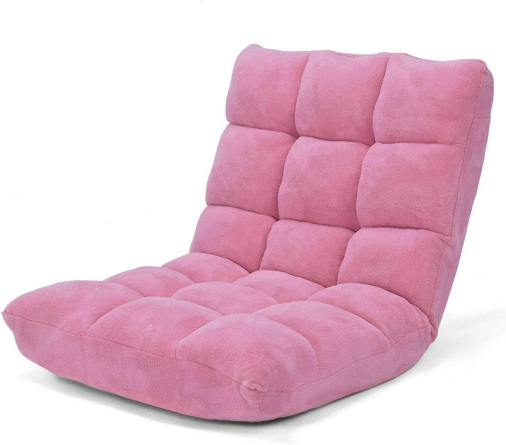 Pink Coral Velvet Floor Chair Folding Lazy Video Gaming Chair 14 Adjustable Backrest Positions Soft Comfortable Thick Padded Cushion Steel Frame Great for Reading Watching TV Playing Games