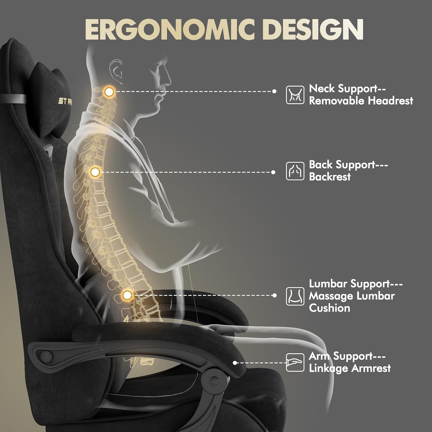 Huracan Velvet Racing Gaming Chair for Adults - Ergonomic Game Chair with Massage Lumbar Pad, Retractable Footrest & Spring Seat Cushion Home Office Video Game Chair, Black