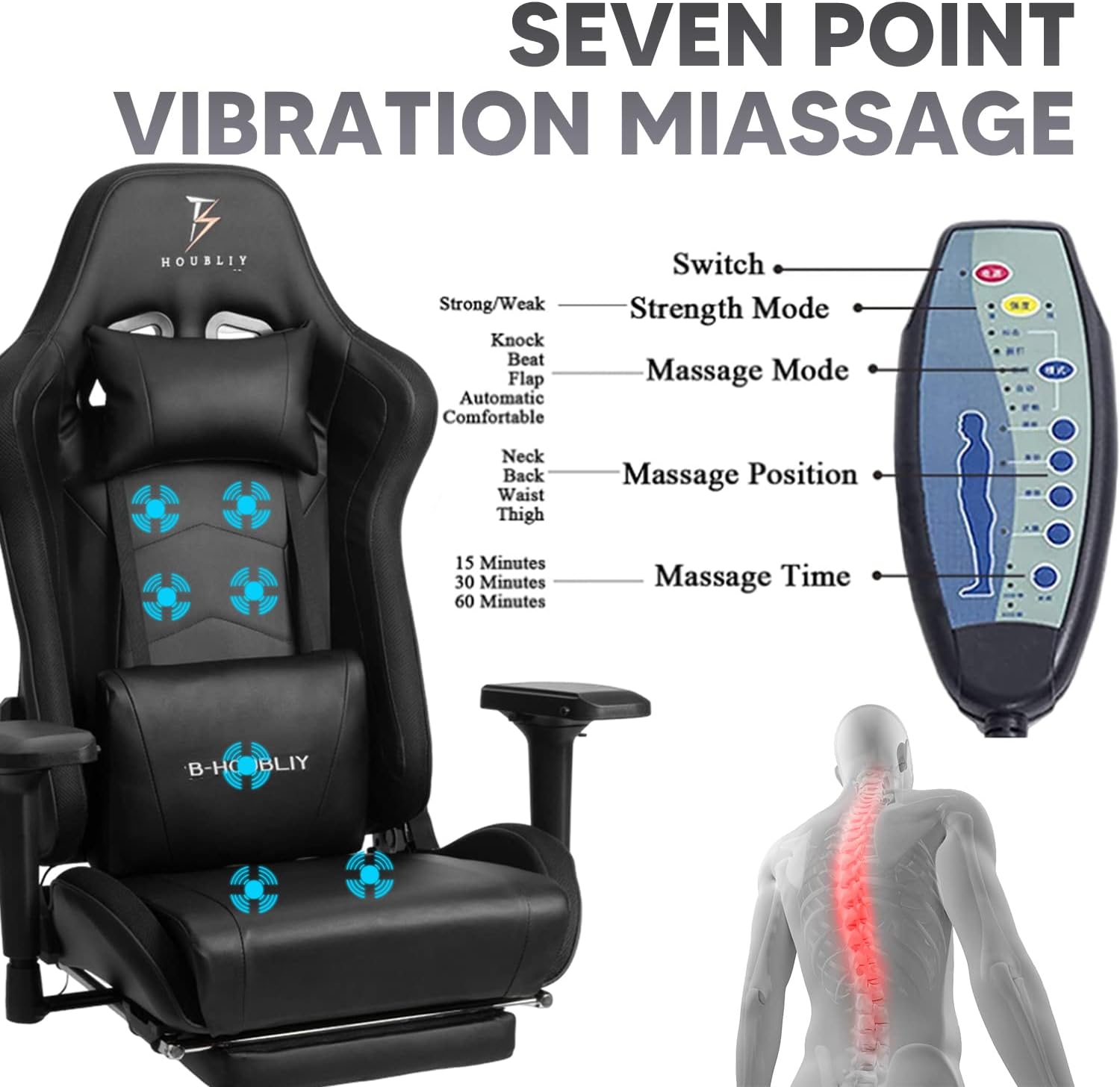 Ergonomic Office Chair with 7-Pointed Vibration Massage and Footrest, Big and Tall PU Leather Gaming Chair with Speakers and RGB Lights, Computer Chair with Lumbar Support Headrest Armrest,Blac