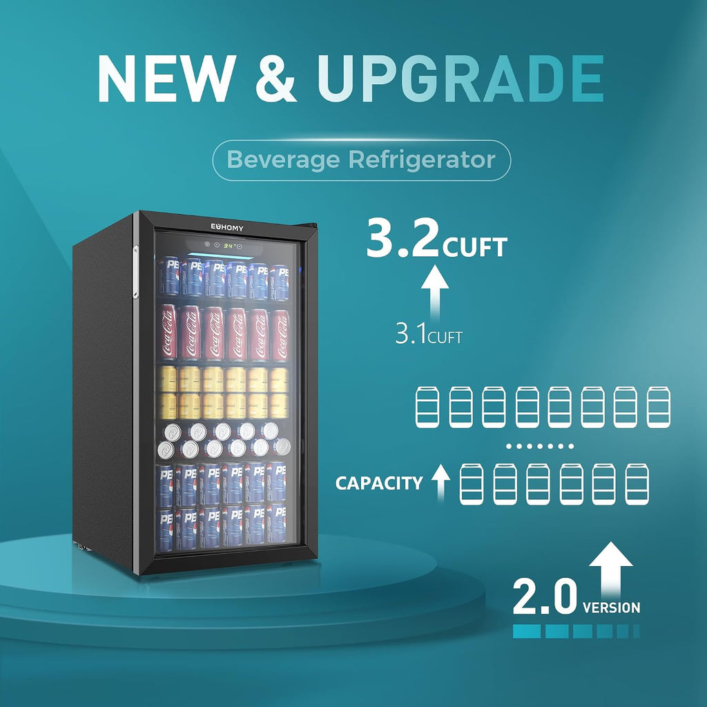 EUHOMY Beverage Refrigerator Cooler, 125 Can Mini Fridge with Glass Door for Soda Beer or Wine, Beverage Cooler for Home, Office, Bar with Adjustable Removable Shelves, Black