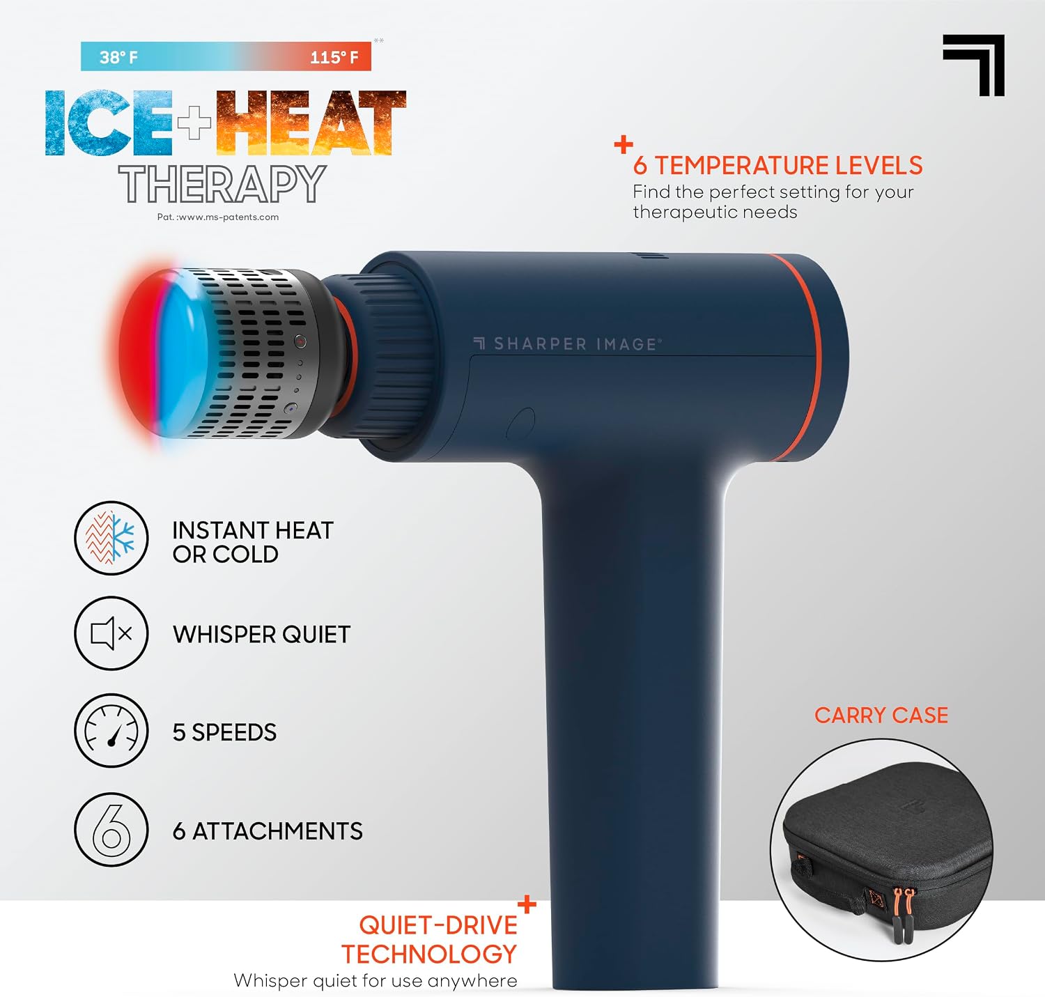 Sharper Image Deep Tissue Percussion Massage Gun, Powerboost Versa Hot & Cold Rechargeable Handheld Massager, 5 Adjustable Speeds, 6 Attachment Heads & Carrying Case, for Muscle Pain Relief, Blue