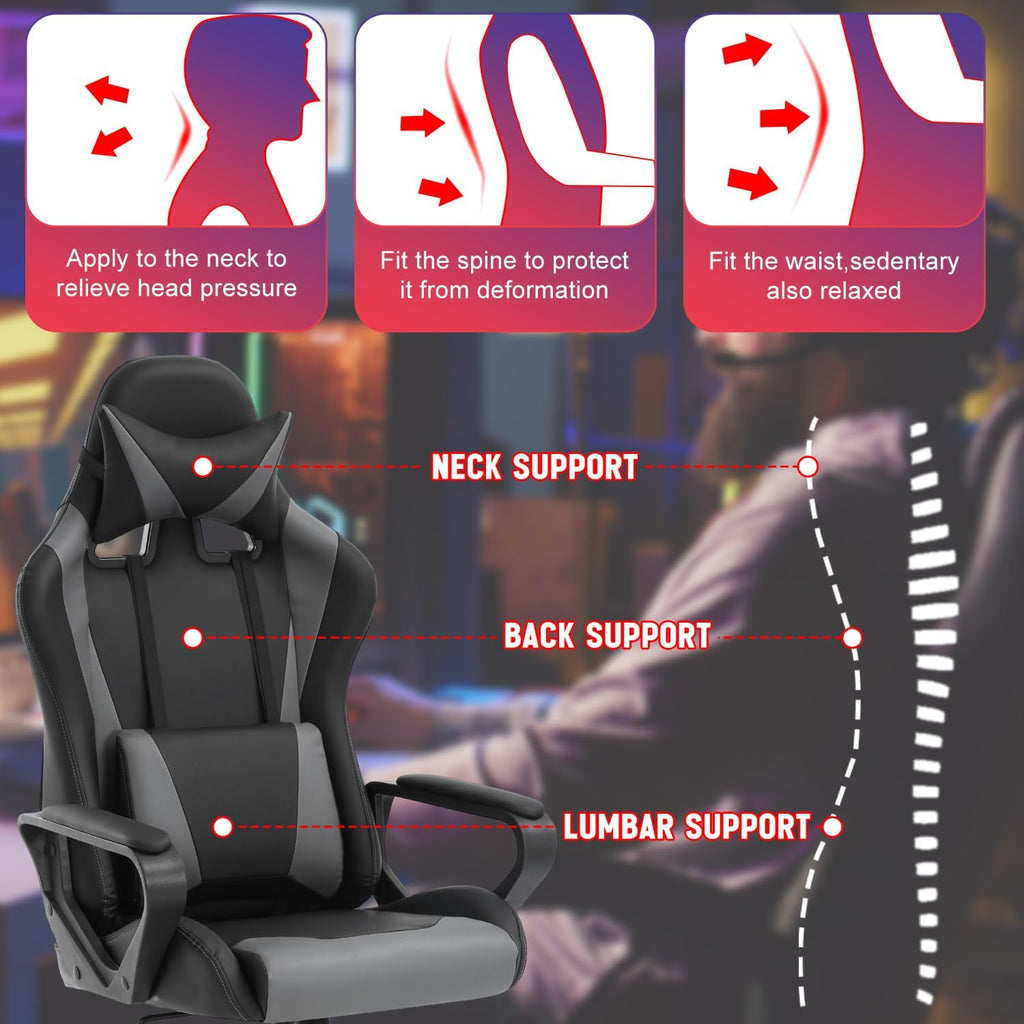 Dopinmin PU Leather Ergonomic Gaming Chair Esports Computer Chair Boss Chair with Lumbar Cushion and Retractable Footrest Video Game Chair for Streaming,Grey