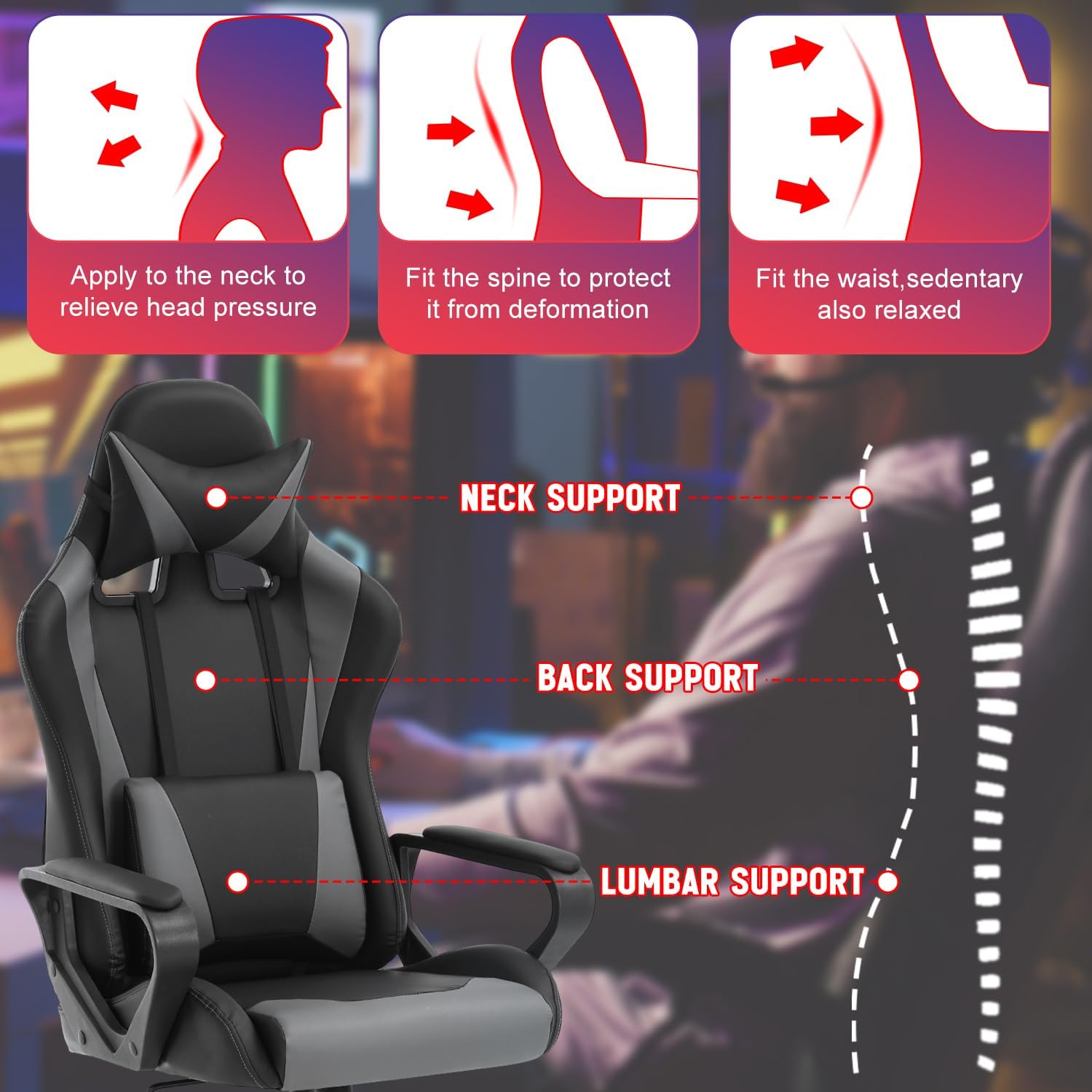 Dopinmin PU Leather Ergonomic Gaming Chair Esports Computer Chair Boss Chair with Lumbar Cushion and Retractable Footrest Video Game Chair for Streaming,Grey