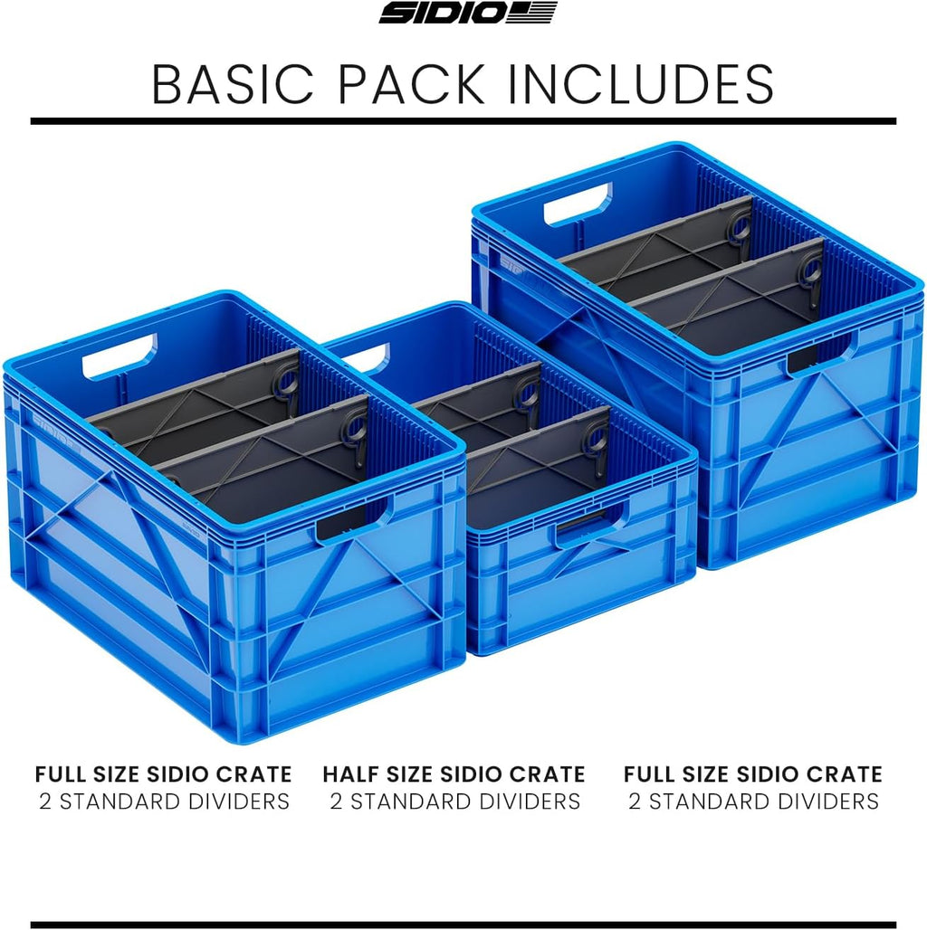 SIDIO Crate Basic Pack - 2 Full-Size & 1 Half-Size Heavy Duty Stackable Storage Bins, Totes and Containers with Dividers - Durable Plastic Organizer for Home, Office, Garage, and Outdoor Use