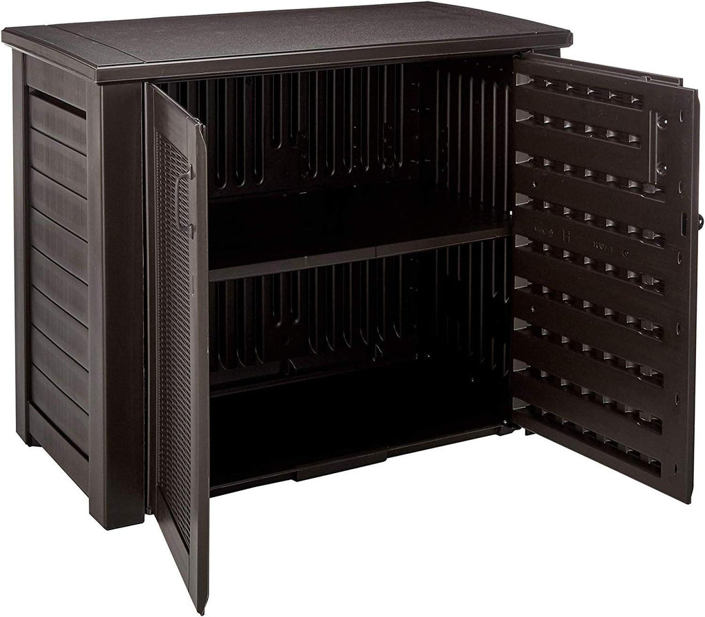 Rubbermaid 123 Gal Outdoor Storage Cabinet and Suncast 33 Gallon Resin Outdoor Trash Can Bundle