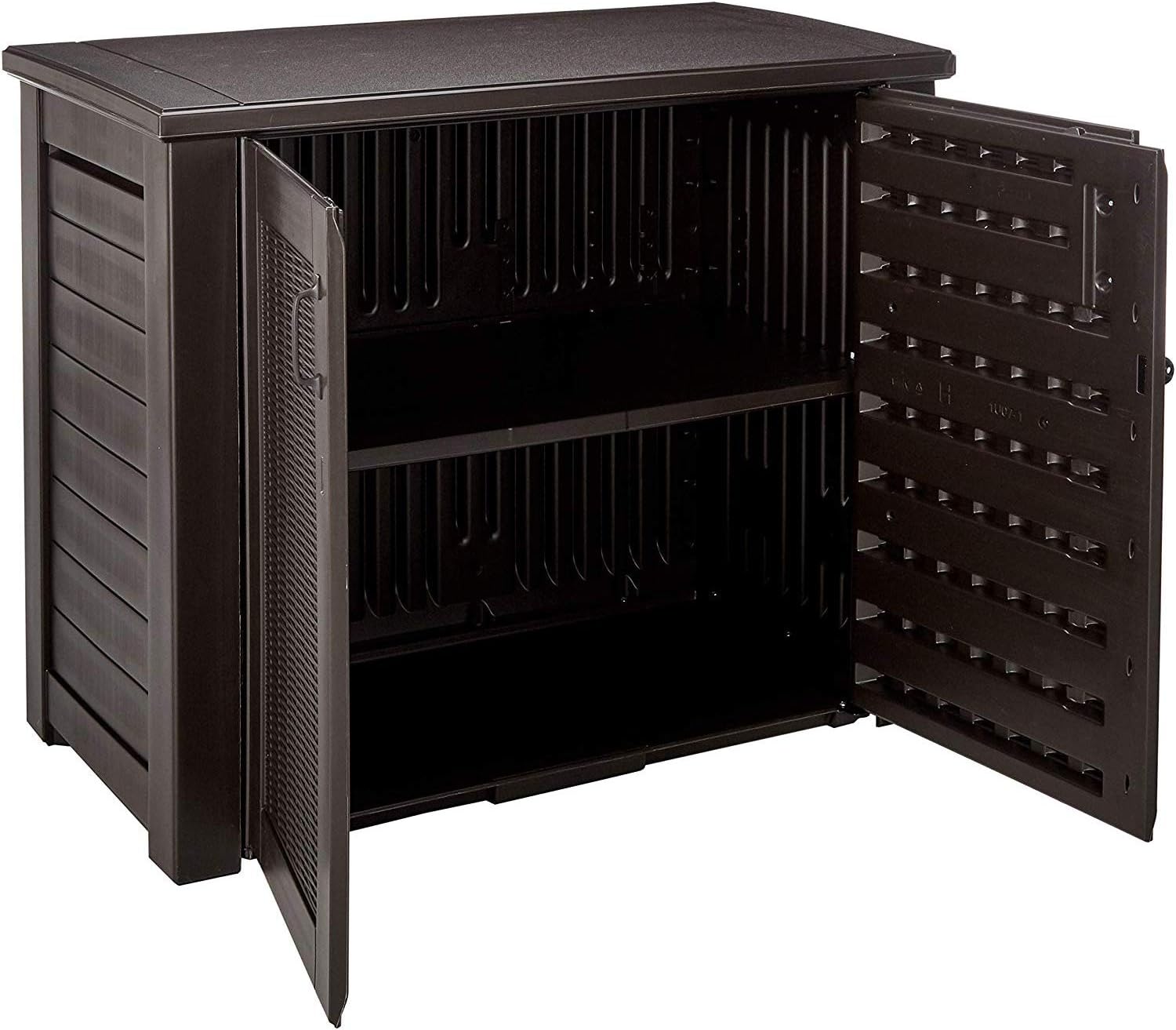 Rubbermaid 123 Gal Outdoor Storage Cabinet and Suncast 33 Gallon Resin Outdoor Trash Can Bundle