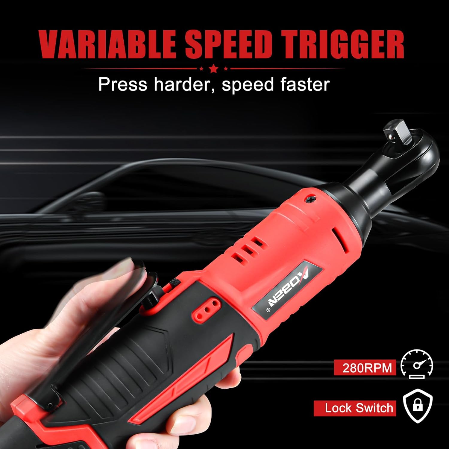 AOBEN Cordless Ratchet Wrench Kit,3/8' ratchet,40 Ft-lbs Electric Power Ratchet Set with Variable Speed Trigger,2 Packs 2000mAh Lithium-Ion Battery And Charger,83 Sockets