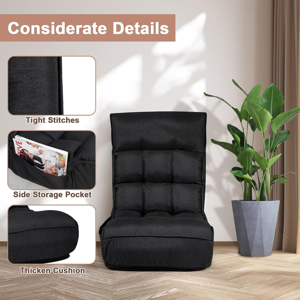COSTWAY Folding Floor Lounge Chair, Floor Gaming Chair with 5-Position Adjustable Head & 4-Position Adjustable Backrest, Indoor Lazy Sofa Recliner for Bedroom, Living Room (Black)