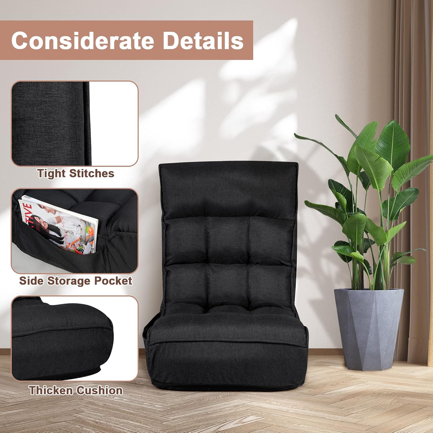 LDAILY Moccha Folding Floor Chair, Adjustable Sofa Chair with 5-Position Headrest & 4-Position Backrest, Floor Gaming Chairs with Thicken Cushion, Padded Chaise Lounge for Bedroom, Living Room, Black