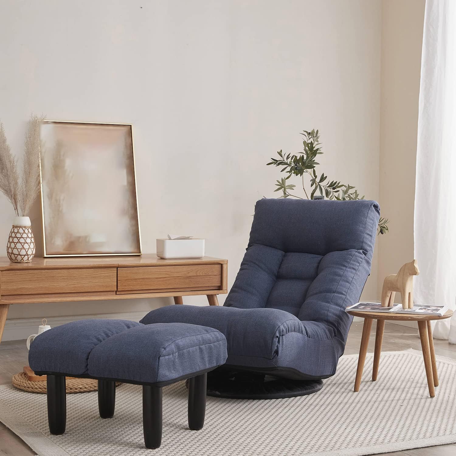 SLEERWAY 360-Degree Swivel Gaming Chair, Foldable Floor Chair with Adjustable Backrest, Cushion Padded Indoor Chaise Lounge, Lazy Sofa Couch Rocker Gaming Chair for Teens and Adults (Navy Blue)