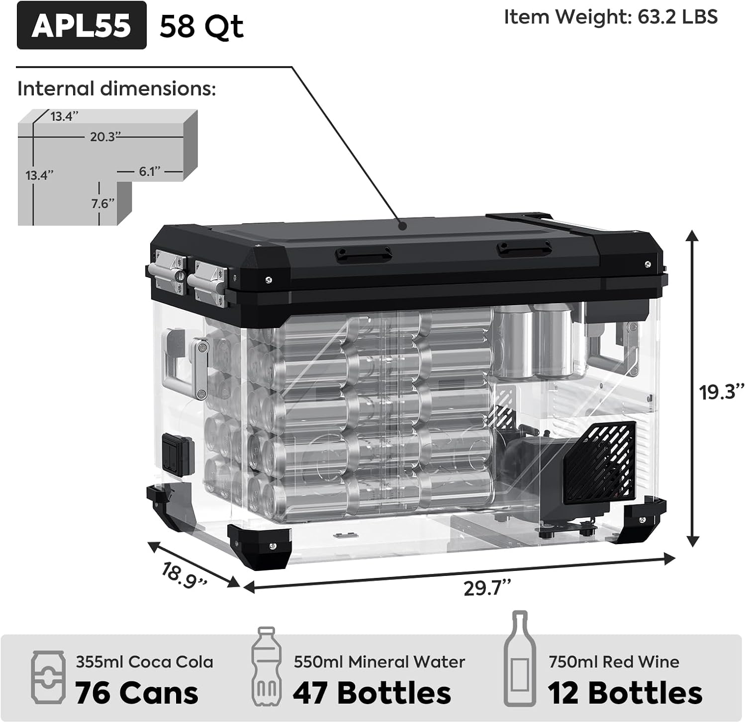ICECO APL55 Dual Zone Portable Freezer, 58Qt 12V Refrigerator with SECOP Compressor, -4℉~68℉, APP Control Portable Refrigerator, Car Fridge portable For Truck RV Van SUV, DC&AC |Black+DC Cord