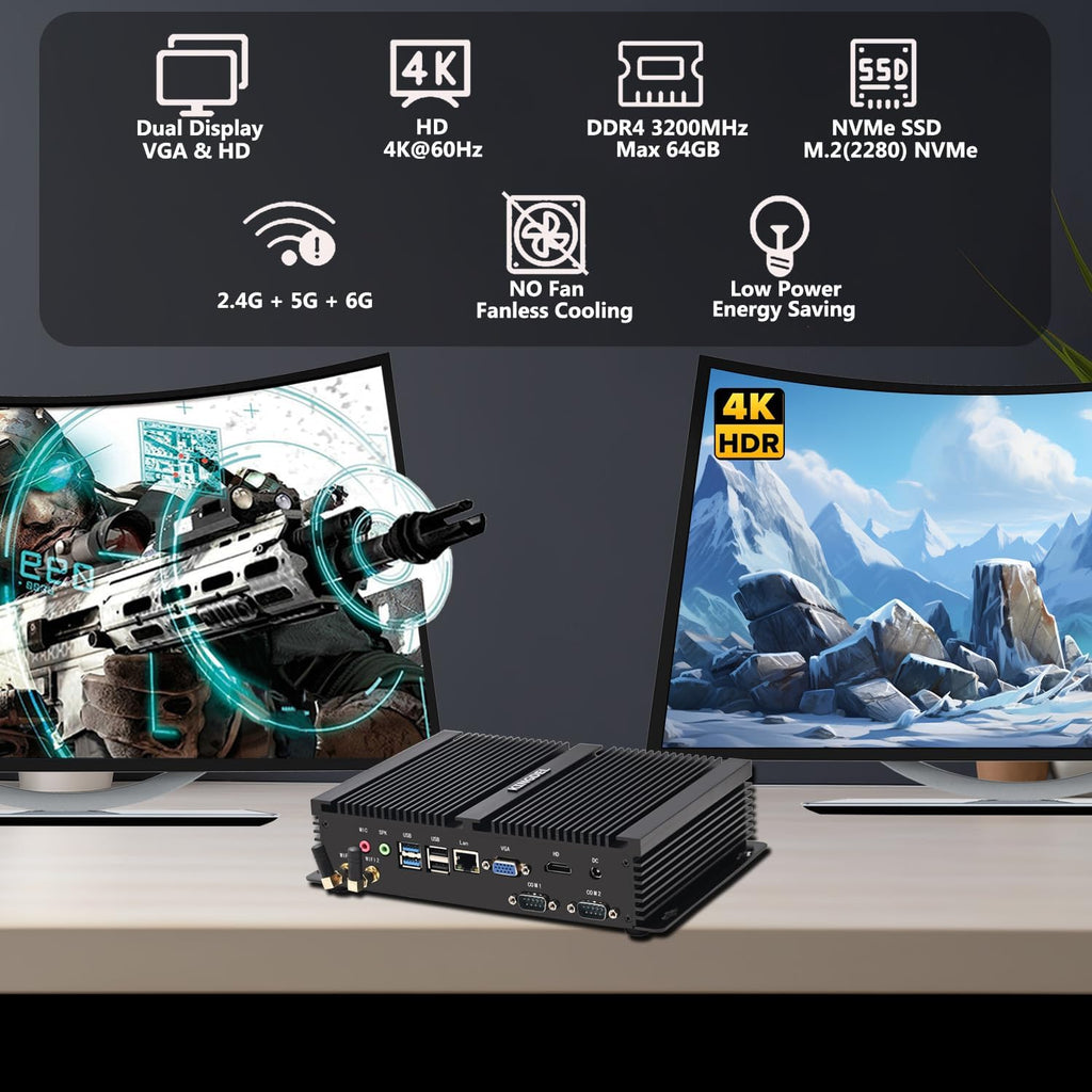 KINGDEL Powerful Fanless Mini PC with i7 12th Gen. 10 Cores 4.7Ghz CPU, 16GB 3200MHz RAM, 1TB NVMe SSD, Gigabit Ethernet, 4K: 4096x2304@60Hz, WiFi 6E+BT 5.3, Silent Working