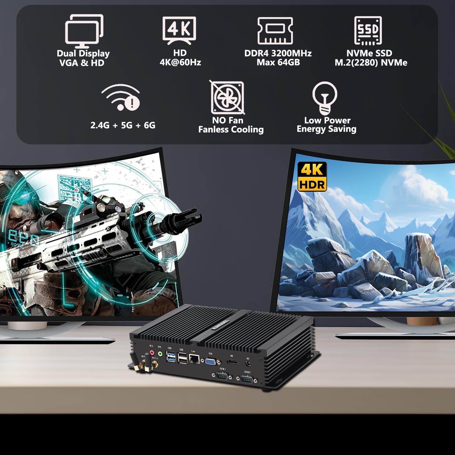 KINGDEL Fanless Desktop PC, i7 12th Gen. 10 Cores CPU Office Computer, 64GB DDR4 RAM, 2TB NVMe SSD, WiFi 6E+BT 5.3, HD Port, VGA, 2xCOM RS232, 4K: 4096x2304, Silent Working