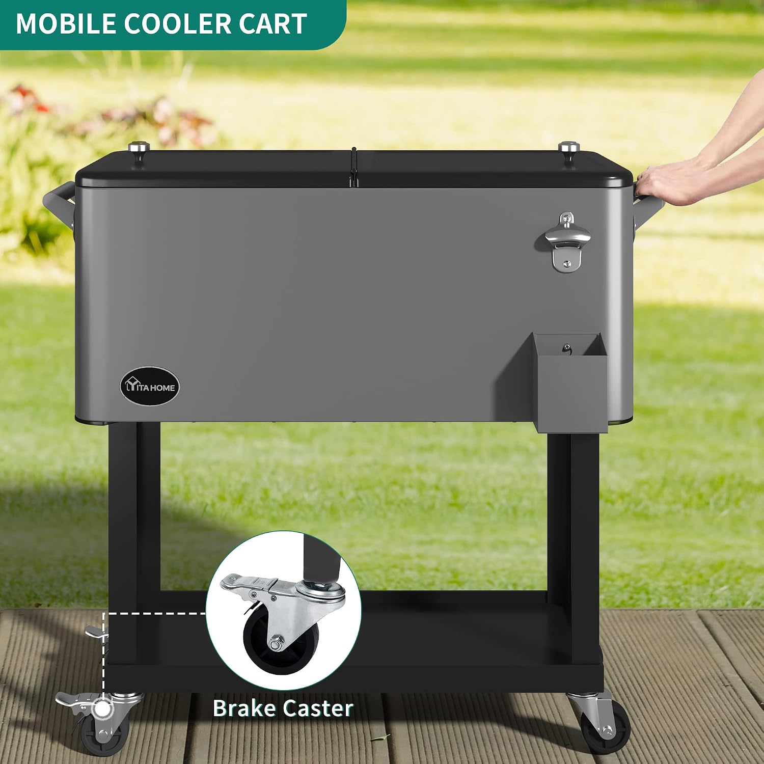 YITAHOME 80 Quart Rolling Cooler Cart with Bottle Opener Drainage, Portable Patio Cooler Rolling on Wheels, Outdoor Rolling Beverage Cart Drink Cooler for Patio Pool Deck Party BBQ Cookouts (Silver)