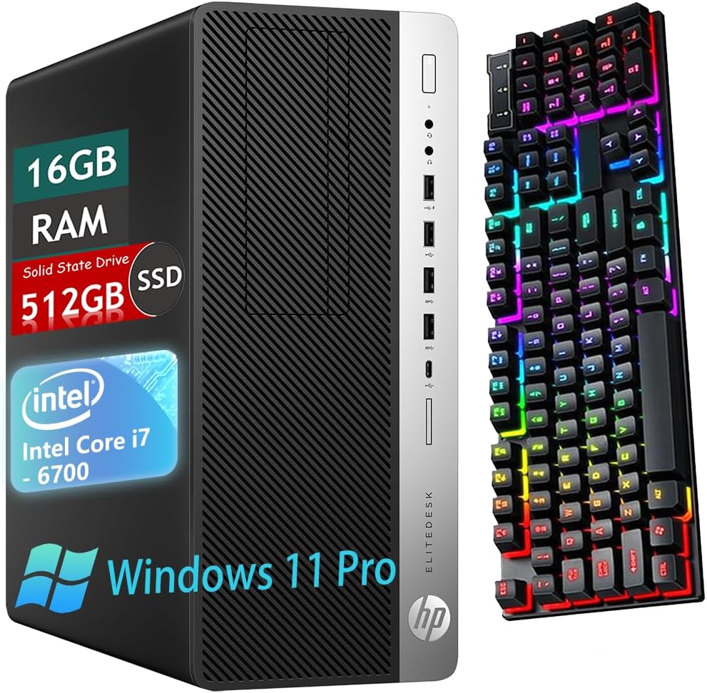 HP EliteDesk 800 G3 Mini Tower Desktop Computer PC, Core i7-6700 3.4GHz, Up to 4.0GHz, Windows 11 Pro, 16GB RAM, 512GB SSD, WiFi, Keyboard&Mouse(Renewed)